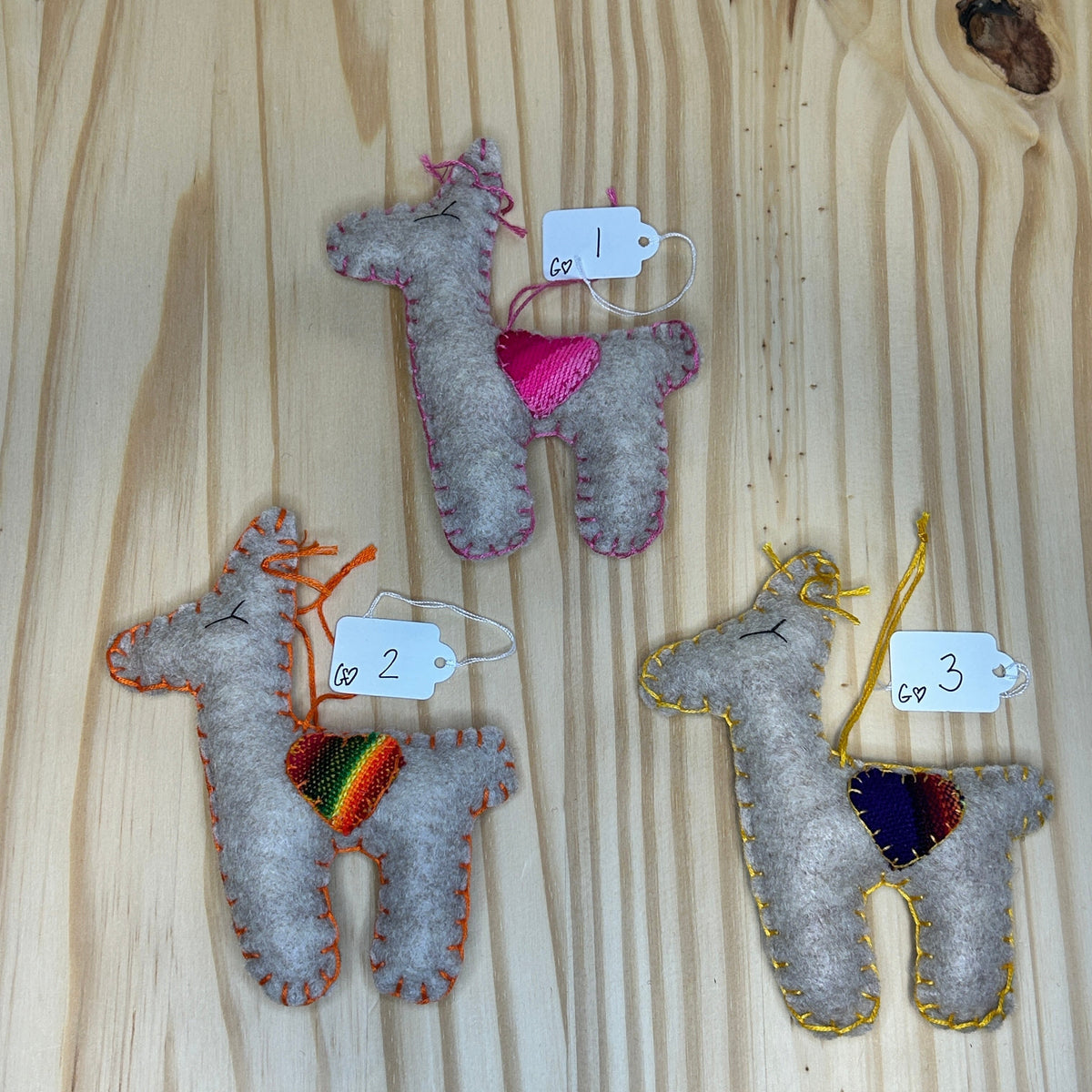 Adorable Felt Llama Ornament - oatmeal with Aguayo heart