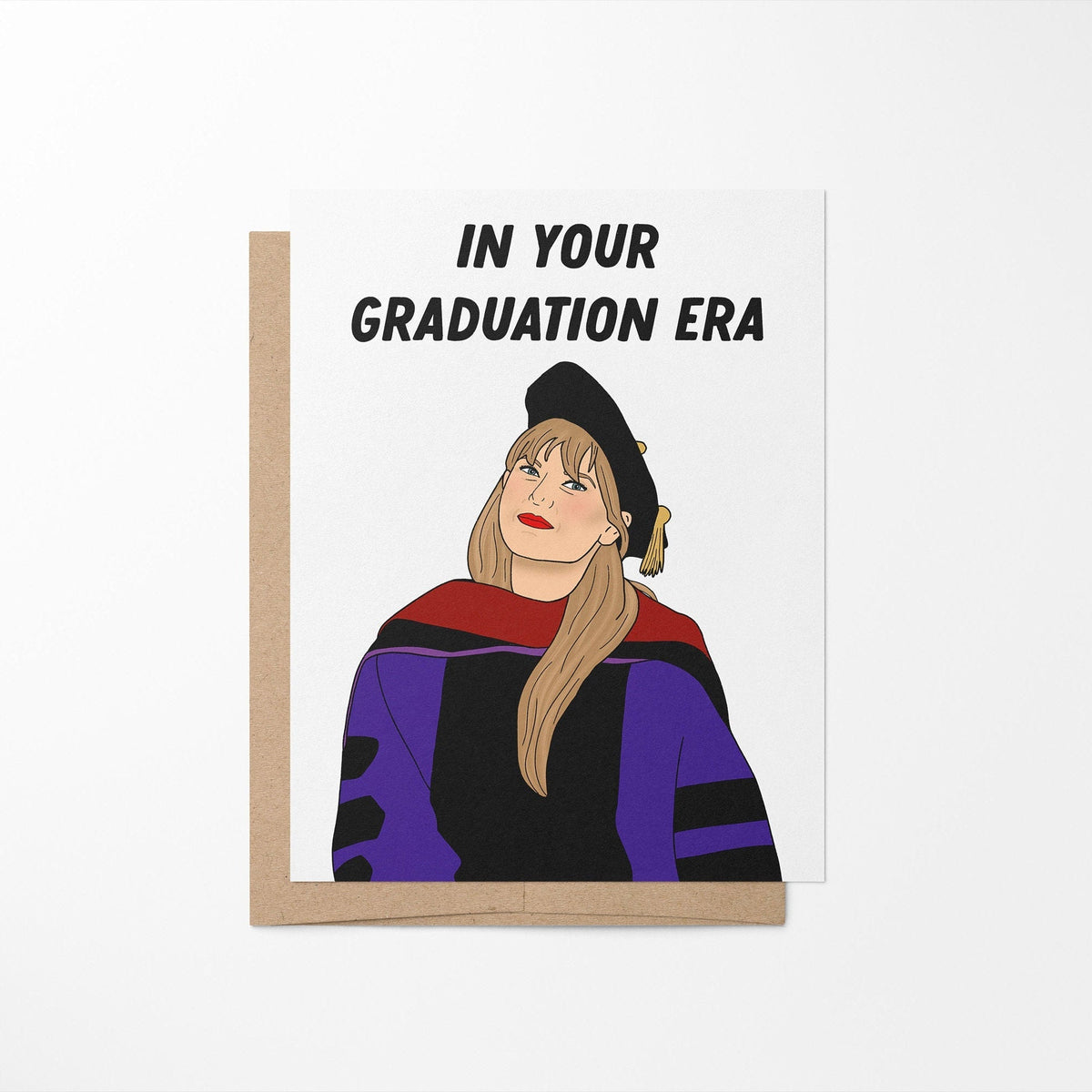In your graduation era card detail — hand lettering and cap and gown artwork close up by indie artist MangoIllustrated