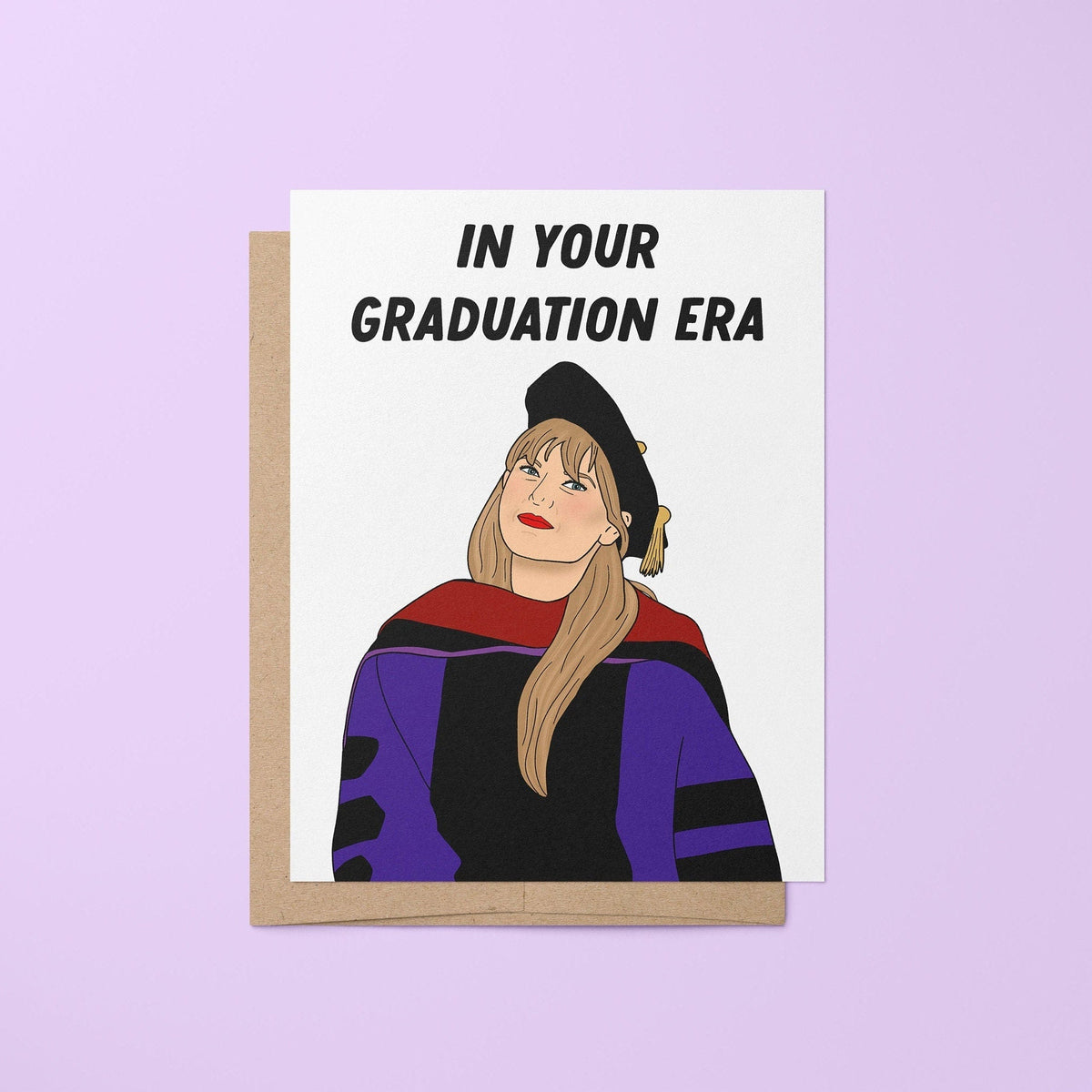 In your graduation era card — hand lettered graduation greeting with an illustrated cap and gown portrait, 4.25 x 5.5 in folded, by MangoIllustrated