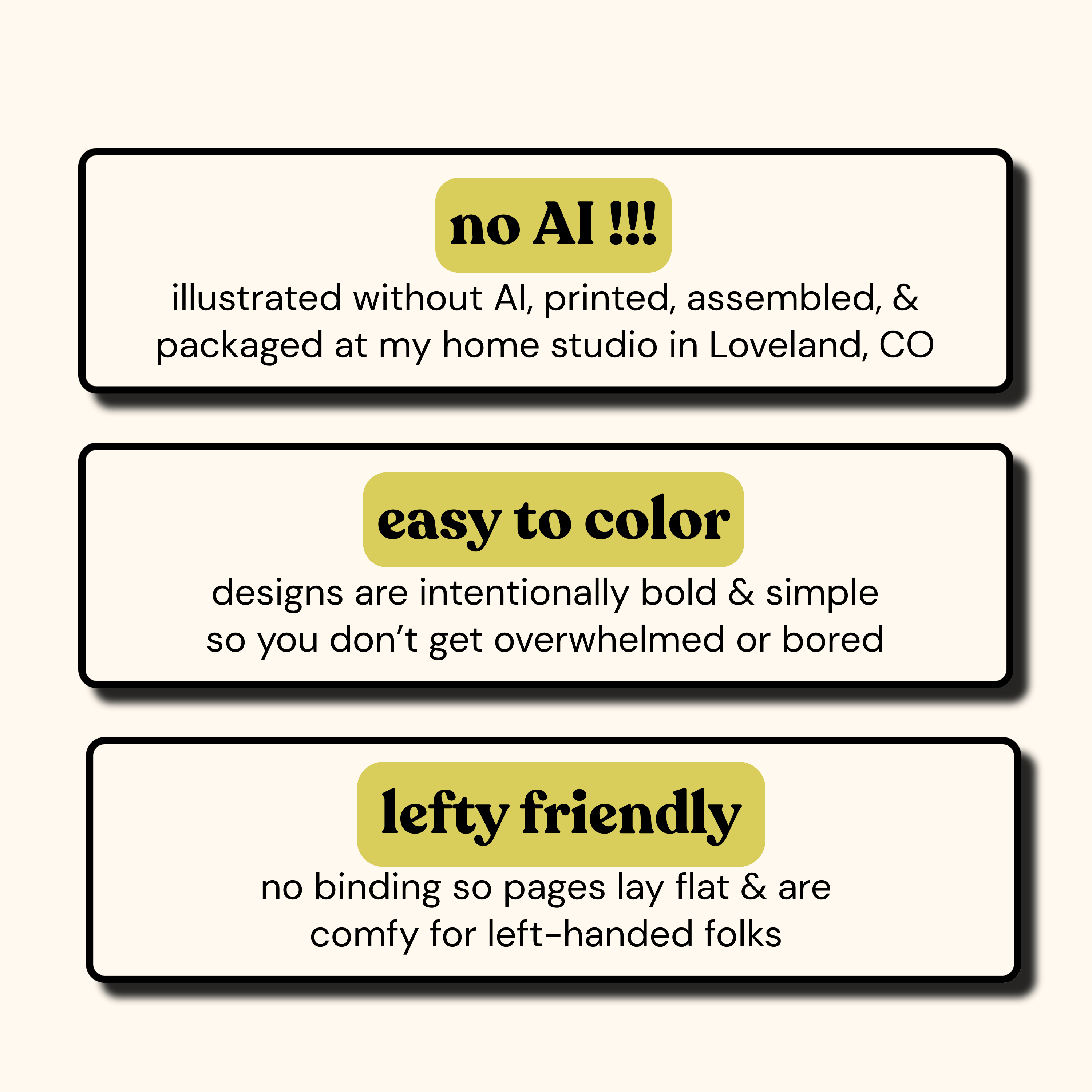 Describes product features: No, AI, easy to color, and lefty friendly.