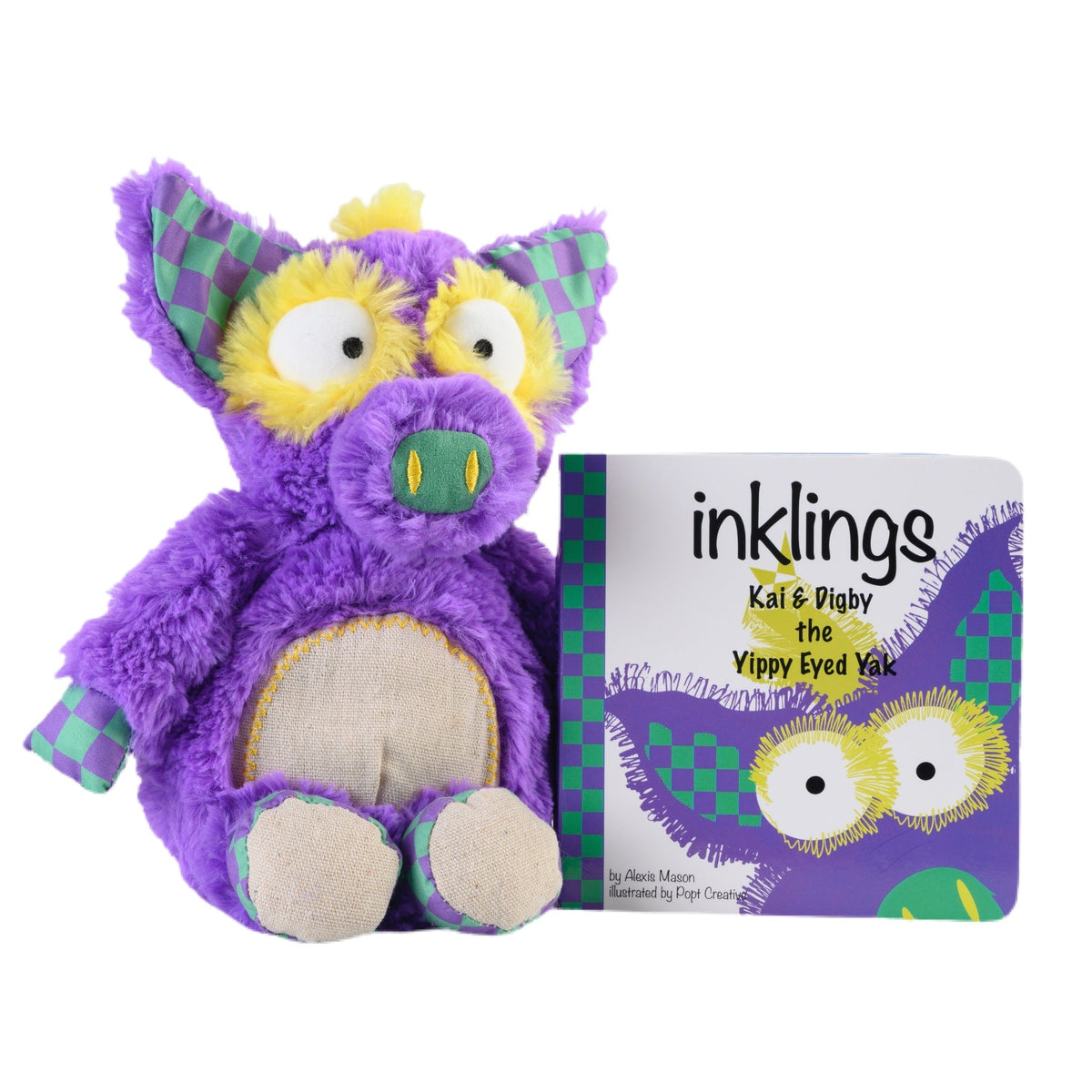 Digby the Yippy Eyed Yak Inklings Baby plush toy – purple yellow green sensory stuffed animal for babies 0-3 years