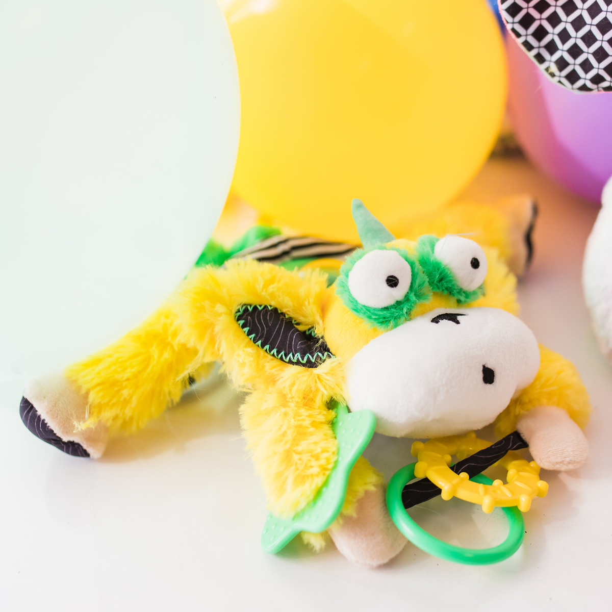 Inklings Baby Sensory Activity Bundle - 4 baby toys- rattle, chime, musical pull, spinbelly - yellow monkey marley