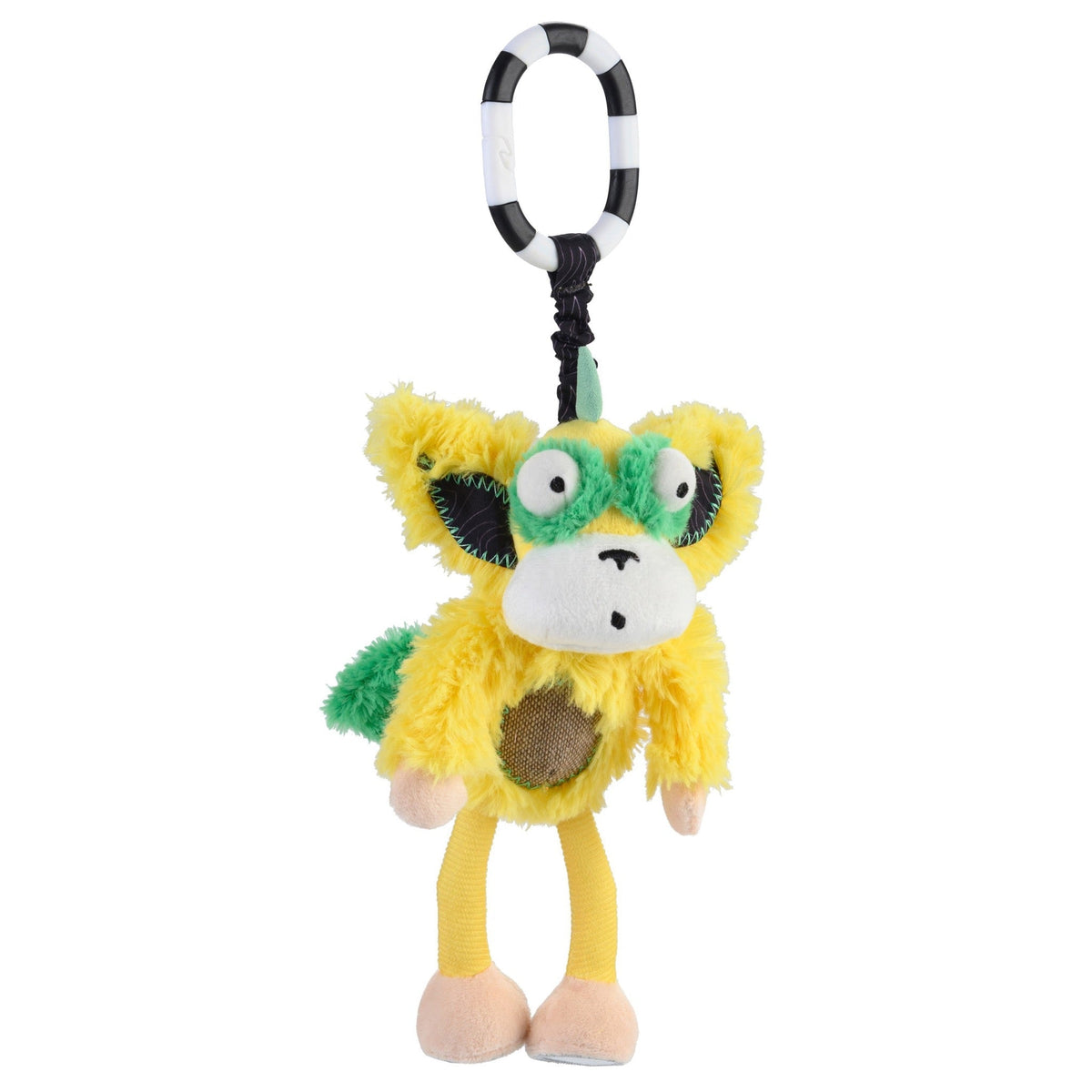 Marley the Monkey Chime & See hanging activity toy – jingle belly rattle and mirror feet stroller clip toy for babies - yellow