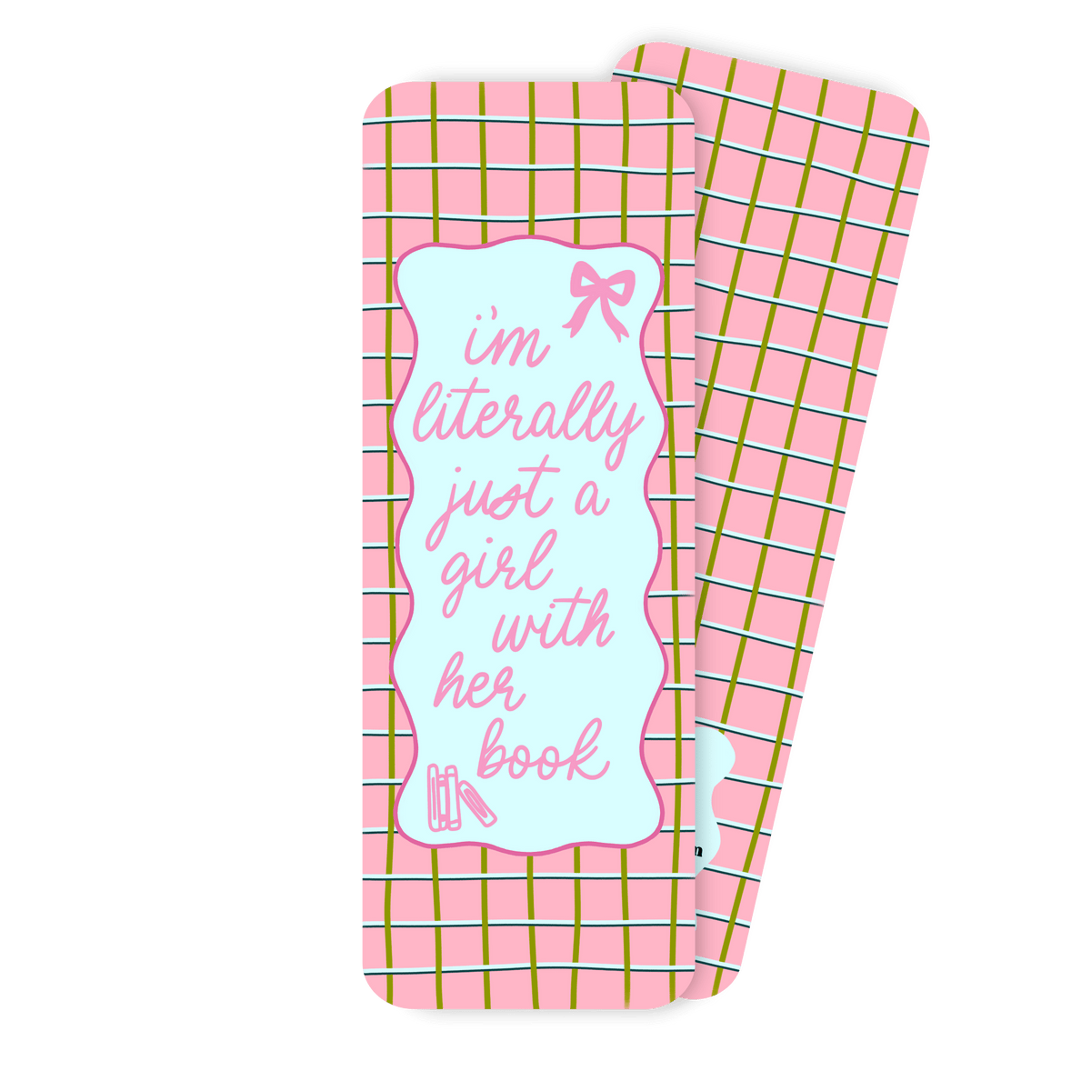Just a Girl With Her Book bookmark flat lay — pastel coquette bookmark for romance readers by indie artist MangoIllustrated