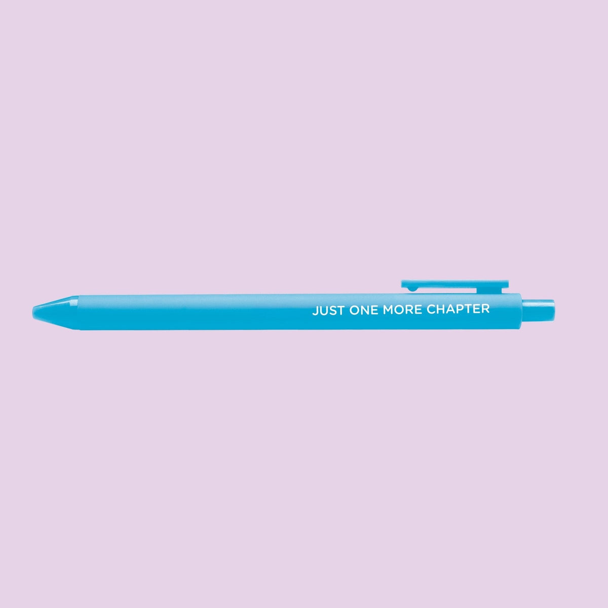 Just One More Chapter pen detail — bright blue bookish pen by MangoIllustrated