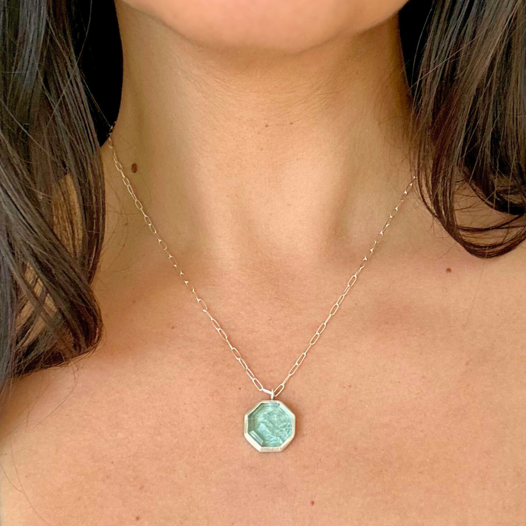 Sterling Silver & Light Blue Octagon Pendant