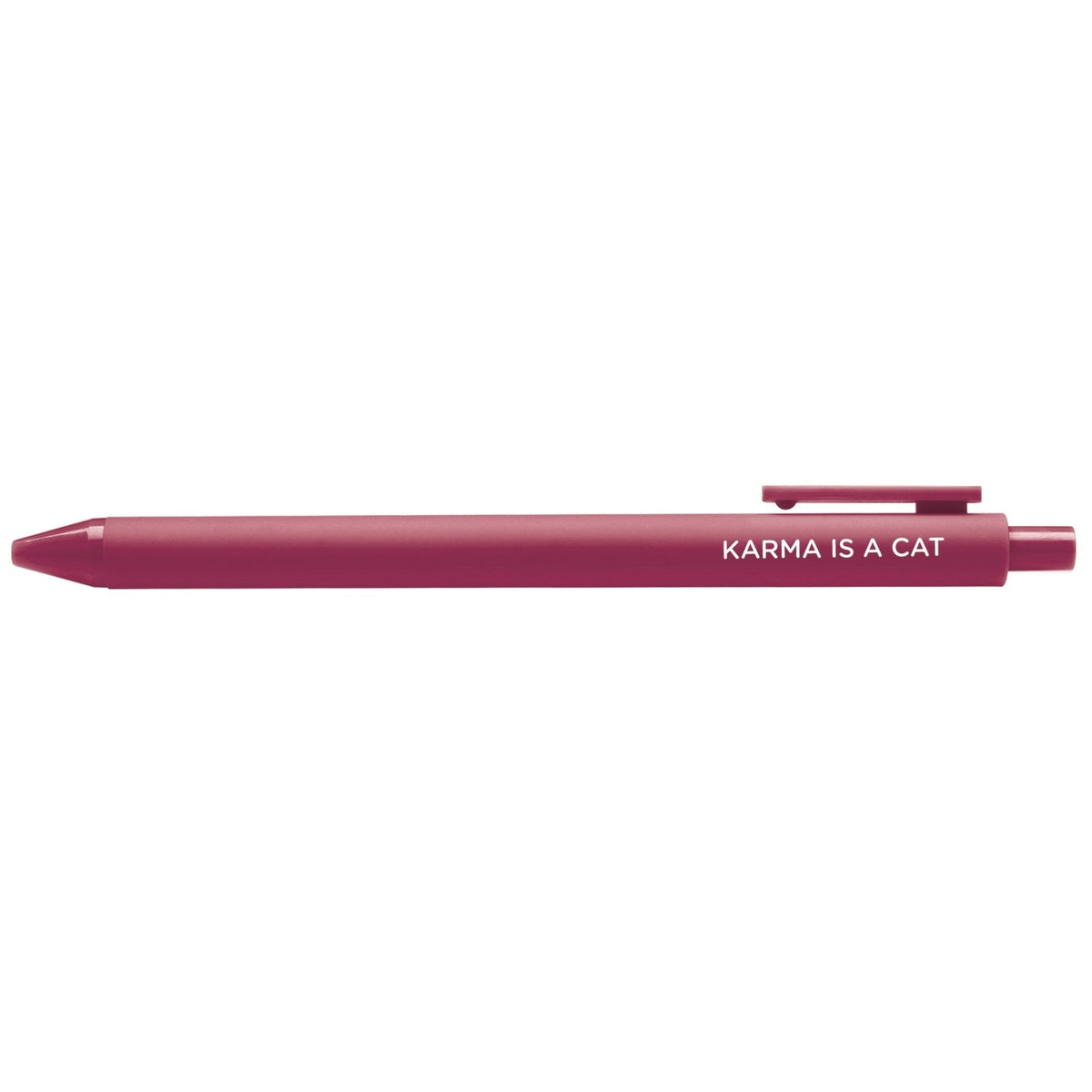 Karma is a Cat pen — maroon barrel with bold white lettering, 0.5mm fine point, by MangoIllustrated