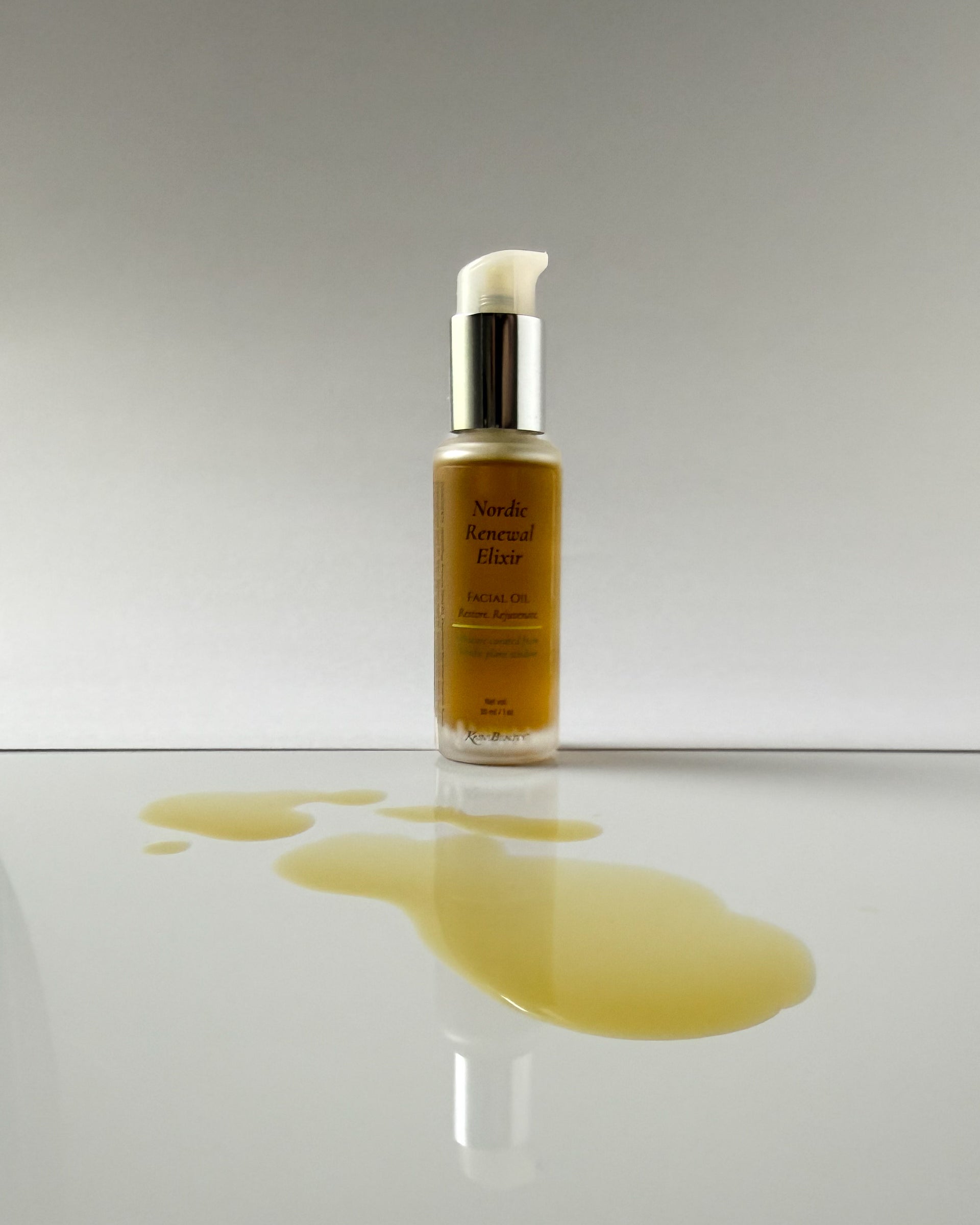 Kasvi Beauty Nordic Renewal Elixir Facial Oil bottle showing golden color of the oil on white background