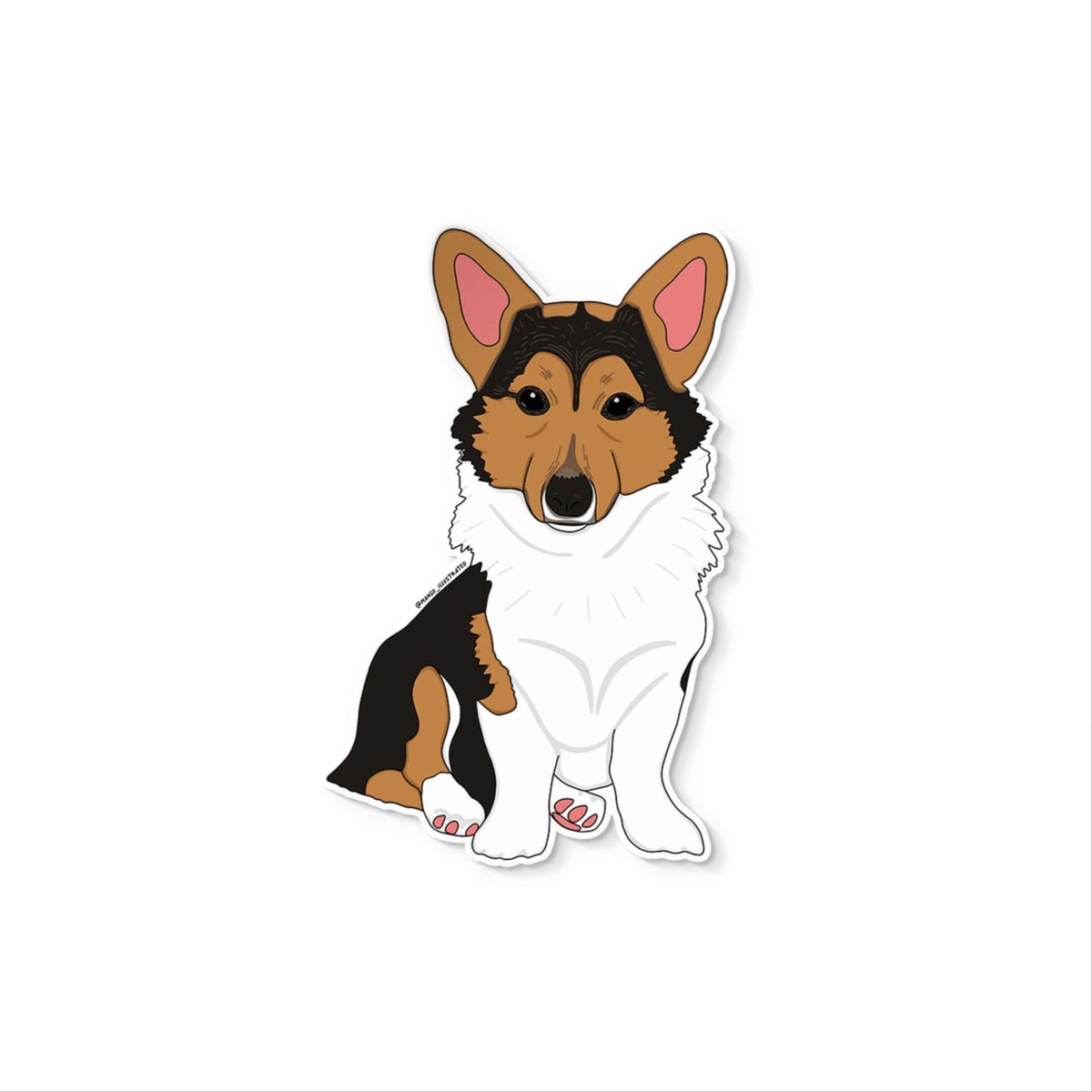 Kiwi the Corgi sticker flat lay — cute Pembroke Welsh corgi laptop sticker by indie artist MangoIllustrated