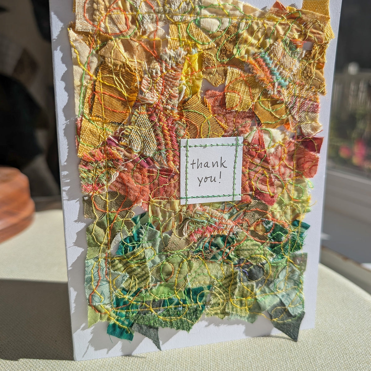 Fall Leaves Thank You Card: 5 in x 7 in, multicolored collage fabric on white, blank card, with matching envelope