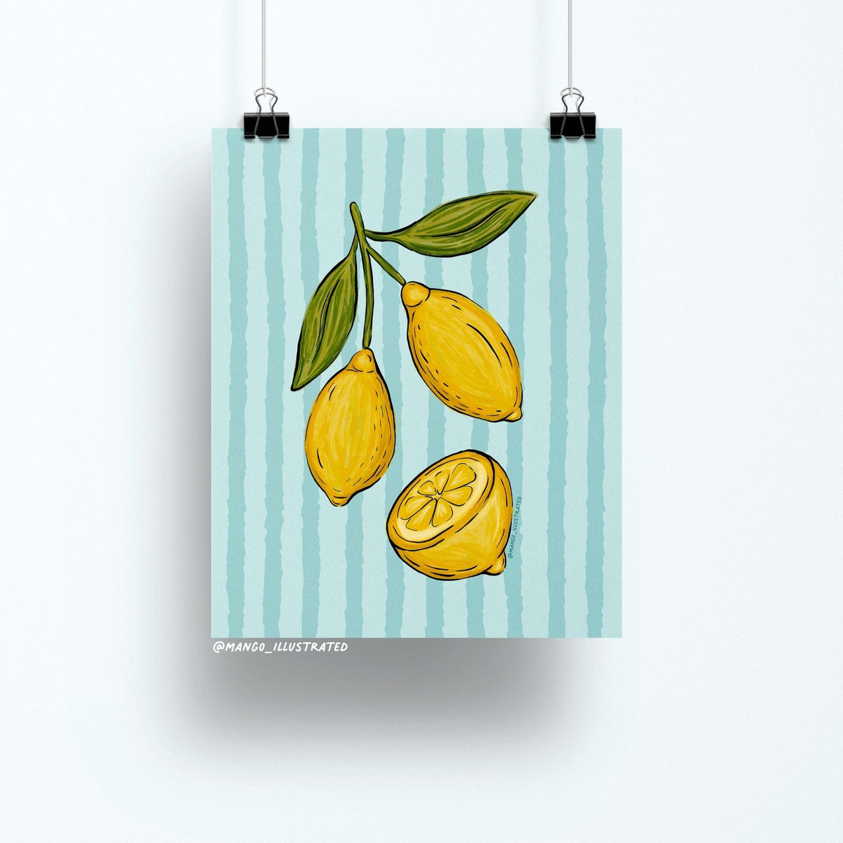Lemons art print flat lay — Mediterranean kitchen wall art on matte art paper, by indie artist MangoIllustrated
