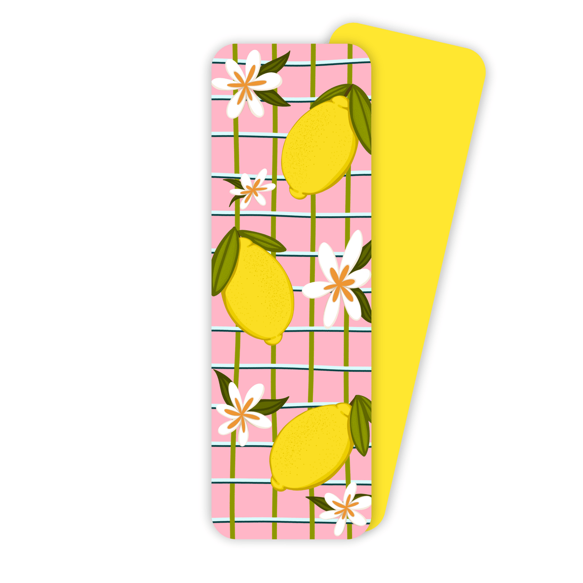 Lemons bookmark — hand drawn lemons and white blossoms on a pink and green wavy grid, 2 x 6 in soft touch matte bookmark, by MangoIllustrated