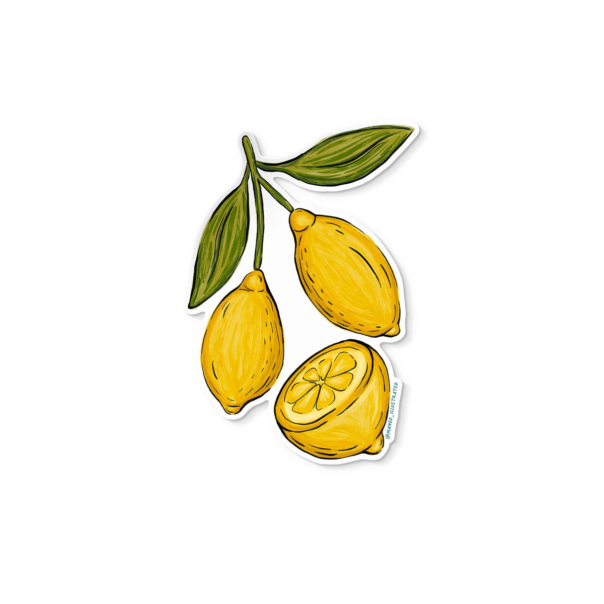 Lemons sticker flat lay — cottagecore citrus vinyl sticker for water bottles, laptops and kitchen gear by indie artist MangoIllustrated