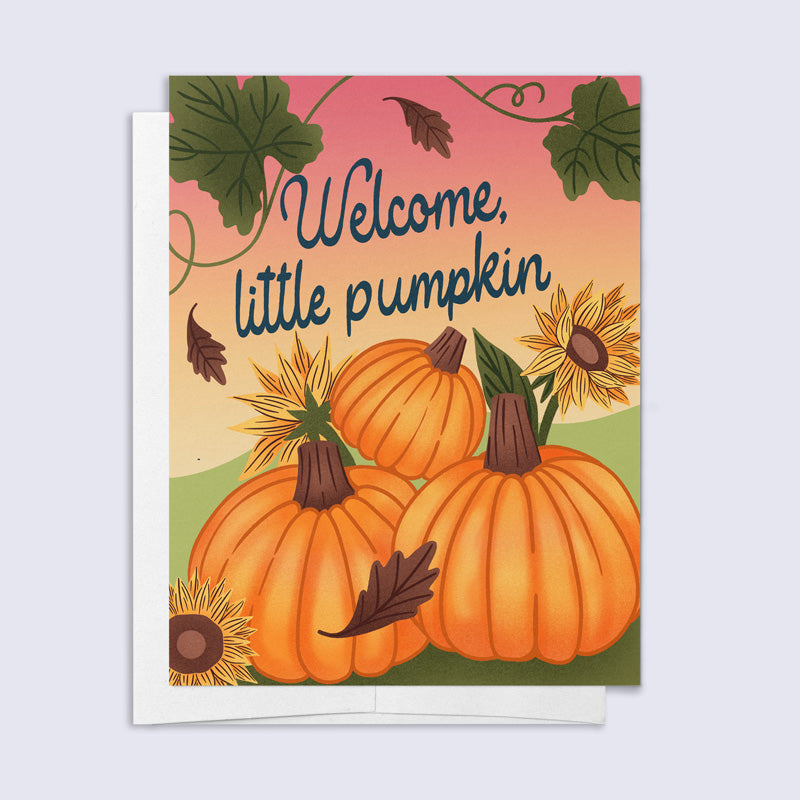 Greeting card with pumpkins and sunflowers and &