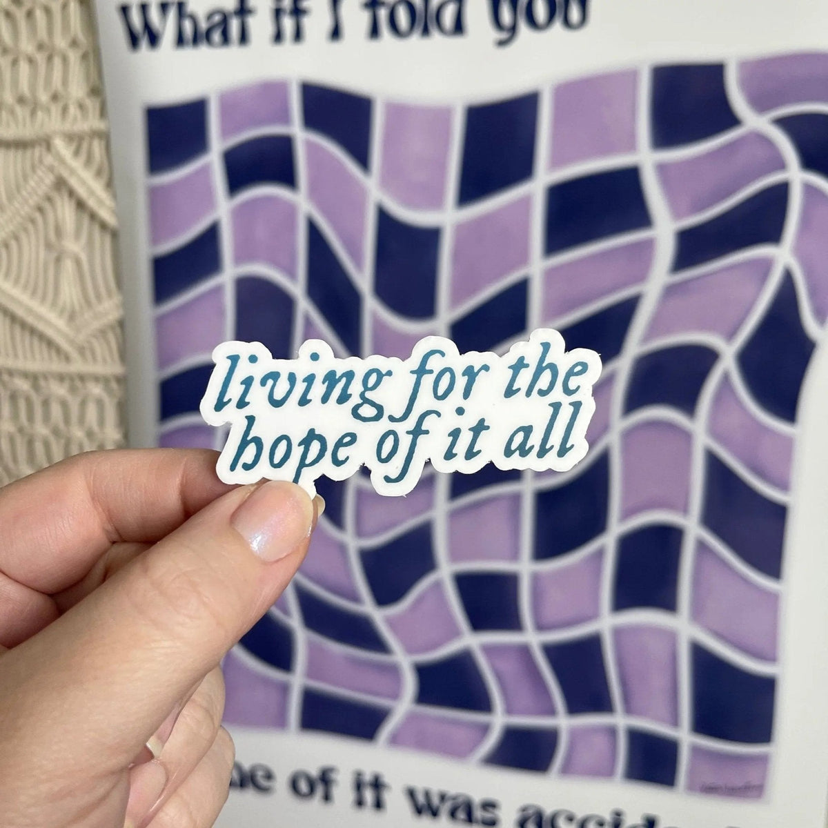 Living for the hope of it all sticker flat lay — teal lyric laptop and water bottle sticker by indie artist MangoIllustrated