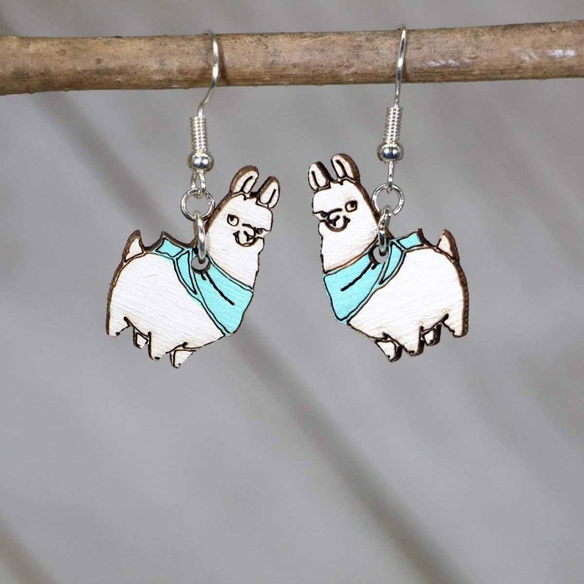 Llama with Scarf Wooden Dangle Earrings - Aqua - Cate&