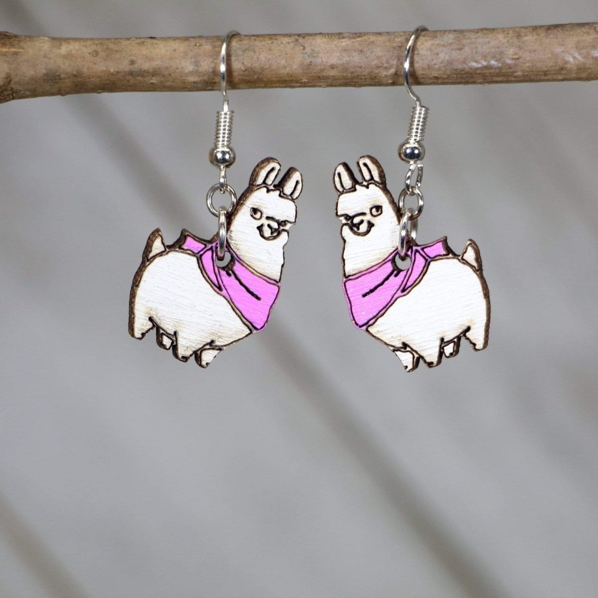 Llama with Scarf Wooden Dangle Earrings - Bright Pink - Cate&