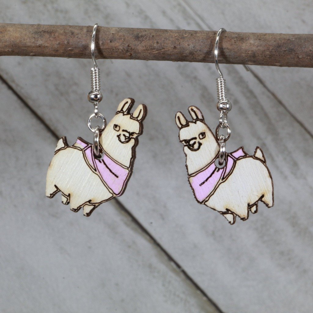 Llama with Scarf Wooden Dangle Earrings - Light Pink - Cate&