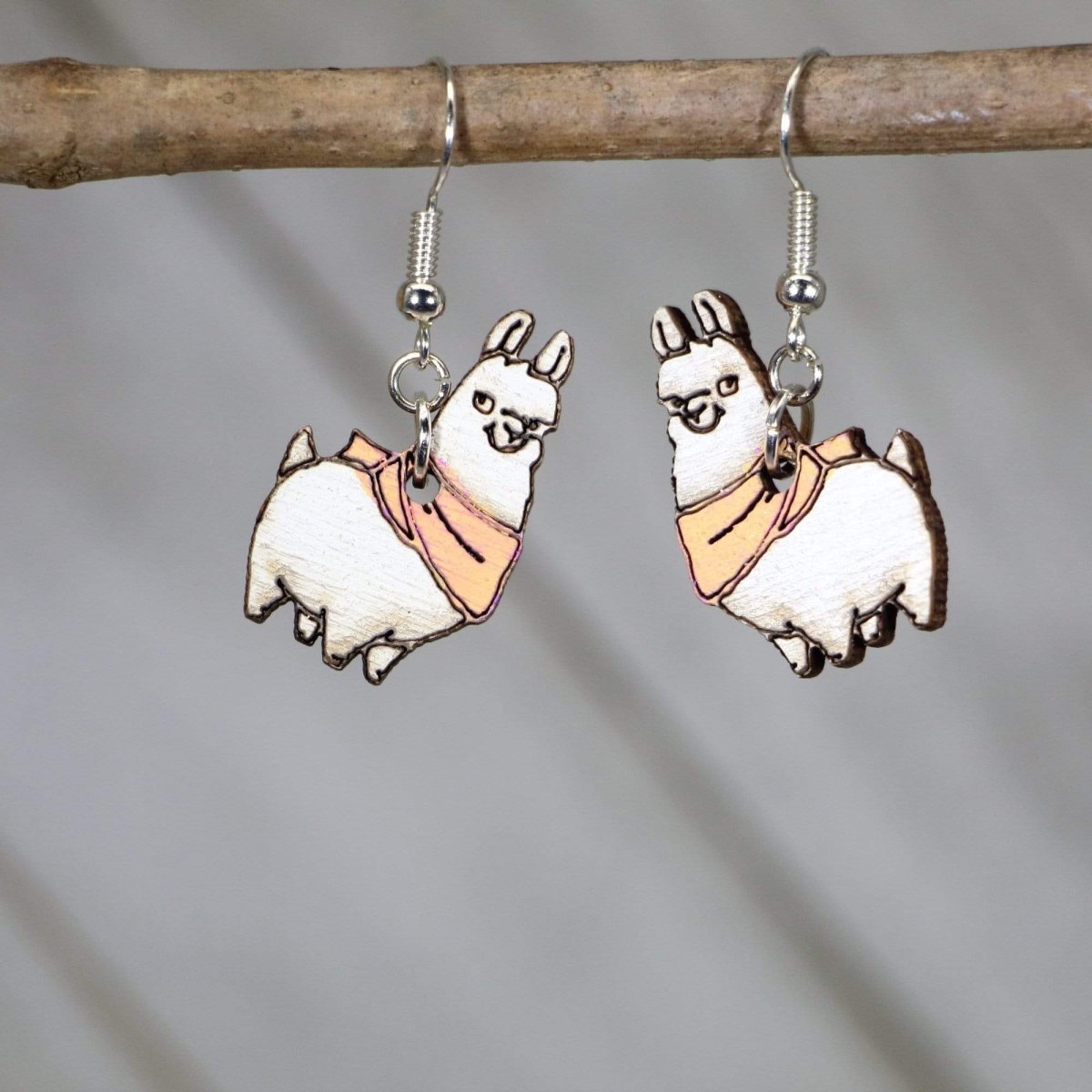 Llama with Scarf Wooden Dangle Earrings - Peach - Cate&
