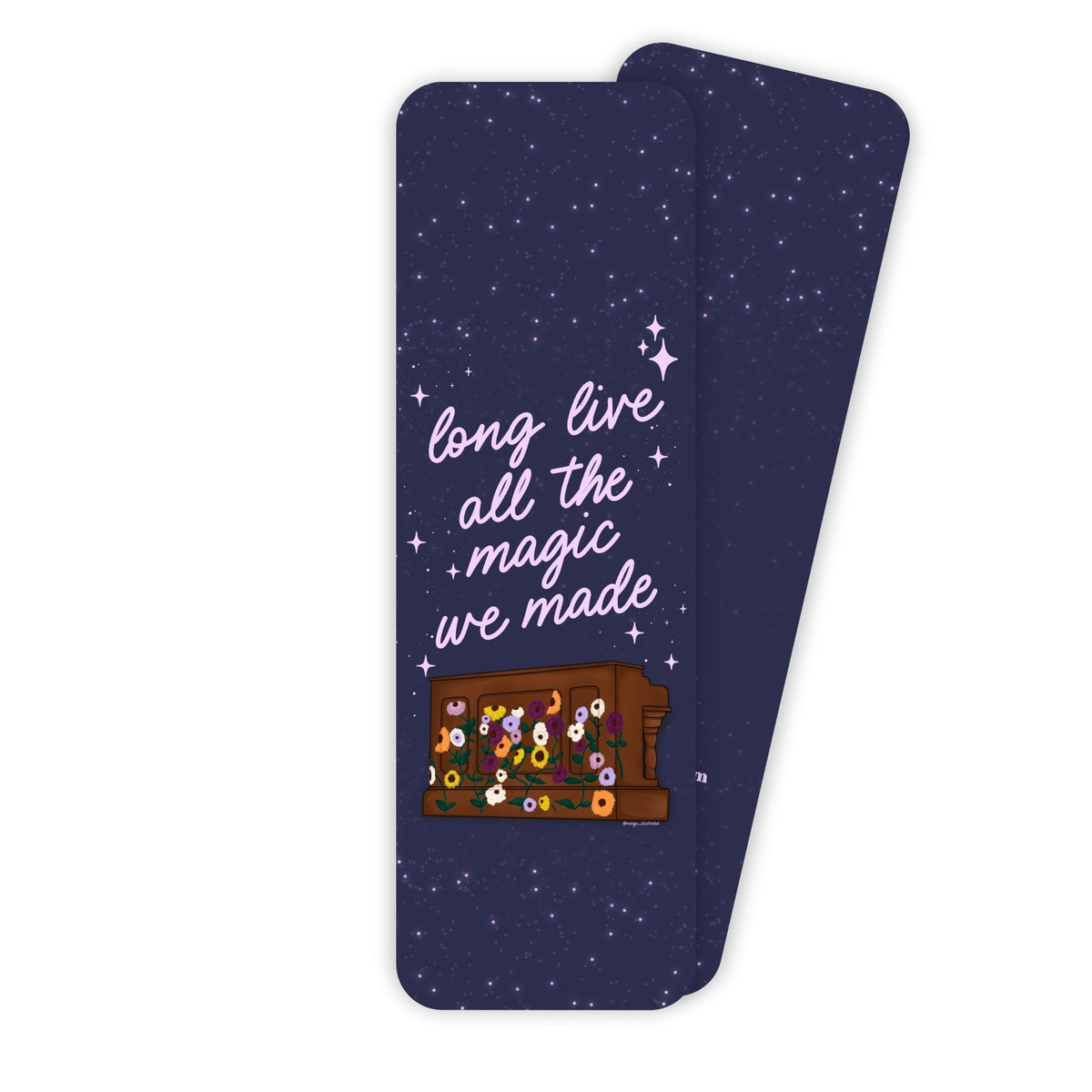 Long Live Bookmark — starry night sky with a flower covered piano and hand lettered script, 2x6 in, by MangoIllustrated