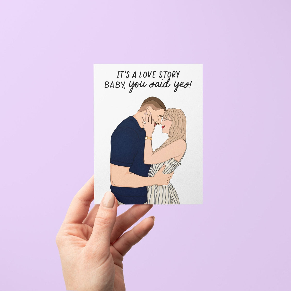 Love Story engagement card detail — close up of the embracing couple illustration by indie artist MangoIllustrated