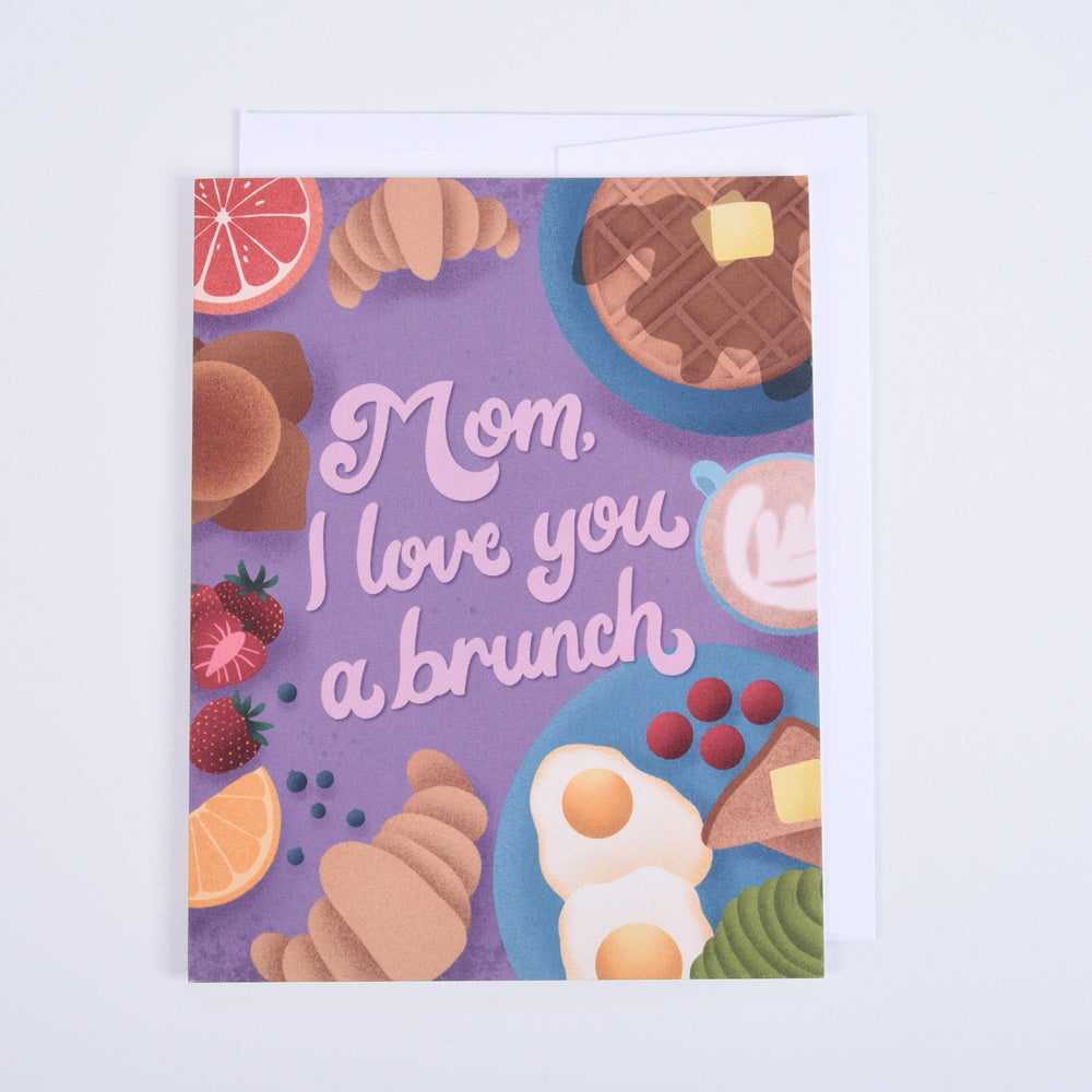 A greeting card with a colorful illustration of breakfast items and the text &