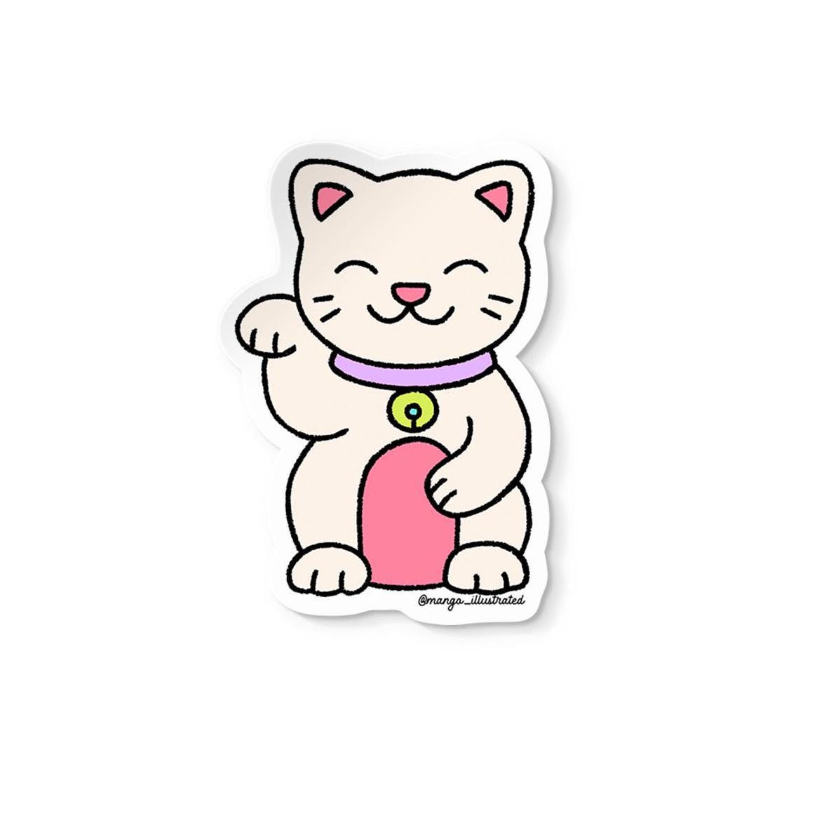 Lucky cat sticker flat lay — waterproof vinyl good luck laptop sticker by indie artist MangoIllustrated