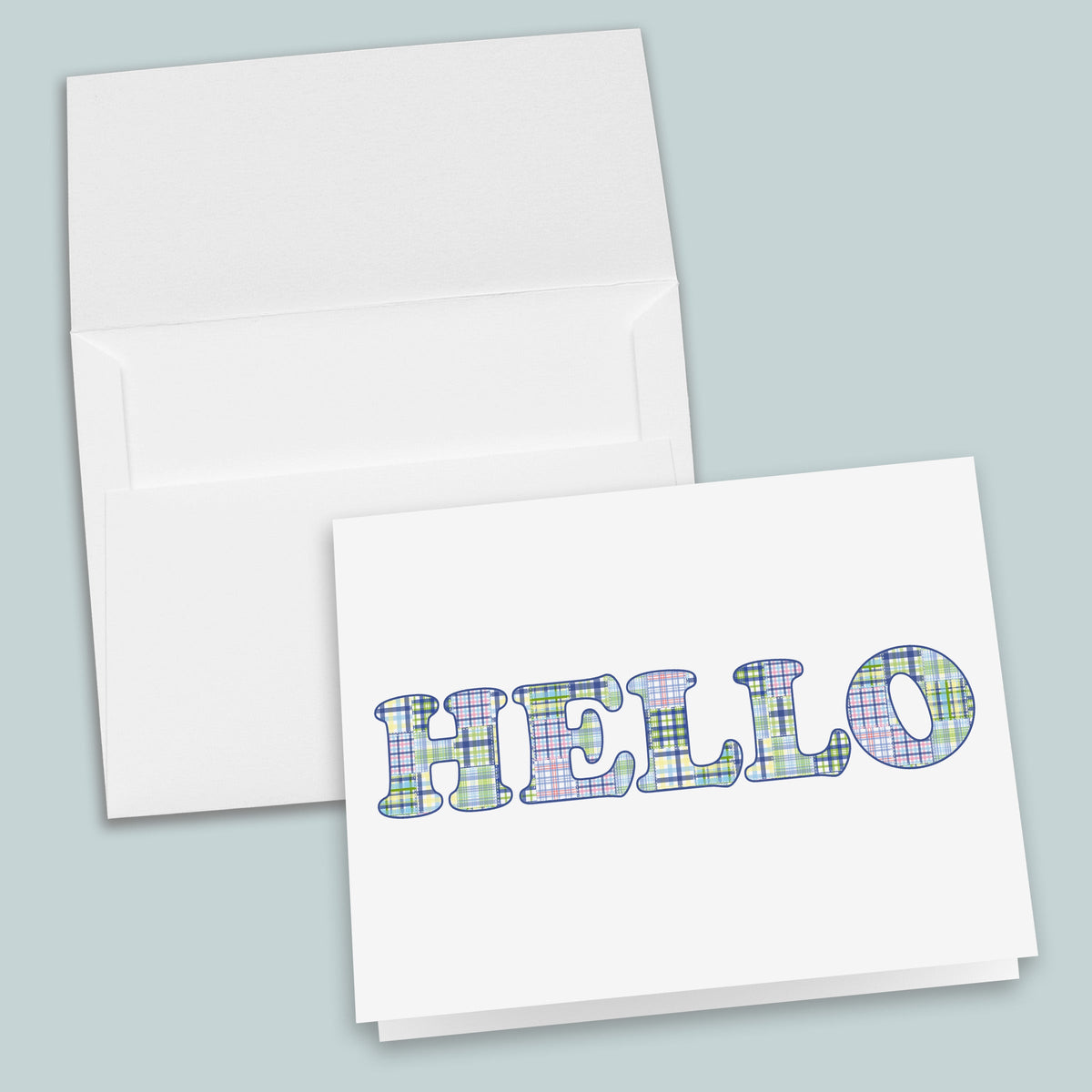 Madras Plaid Folded Note Cards, Blue and Green - Box of 8