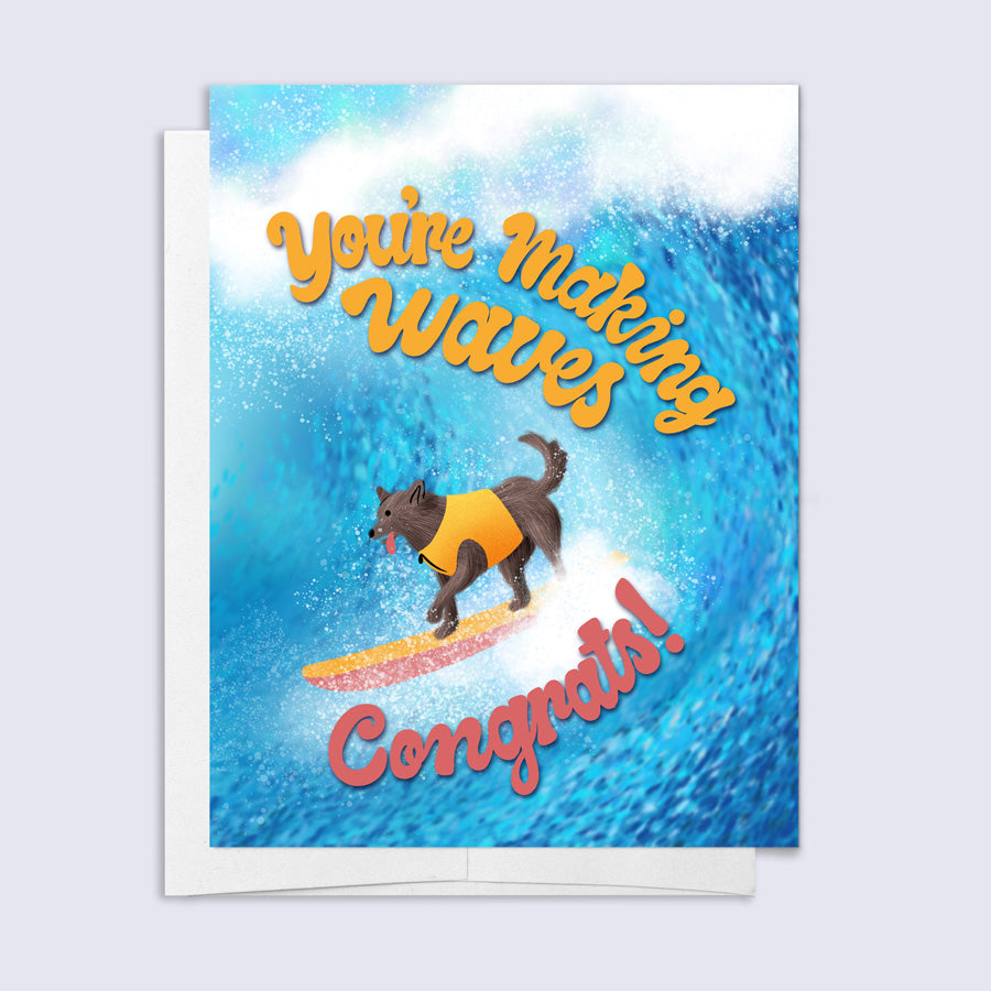 Greeting card with a dog on a surfboard and text &
