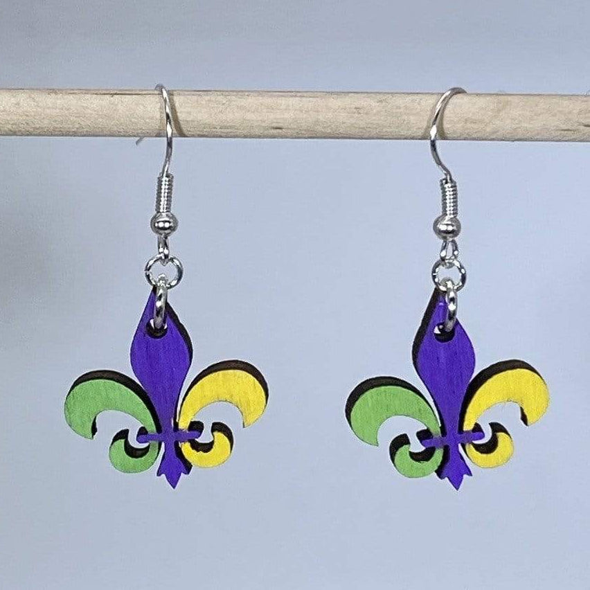Mardi Gras Fleur-de-lis Wooden Dangle Earrings - - Cate&