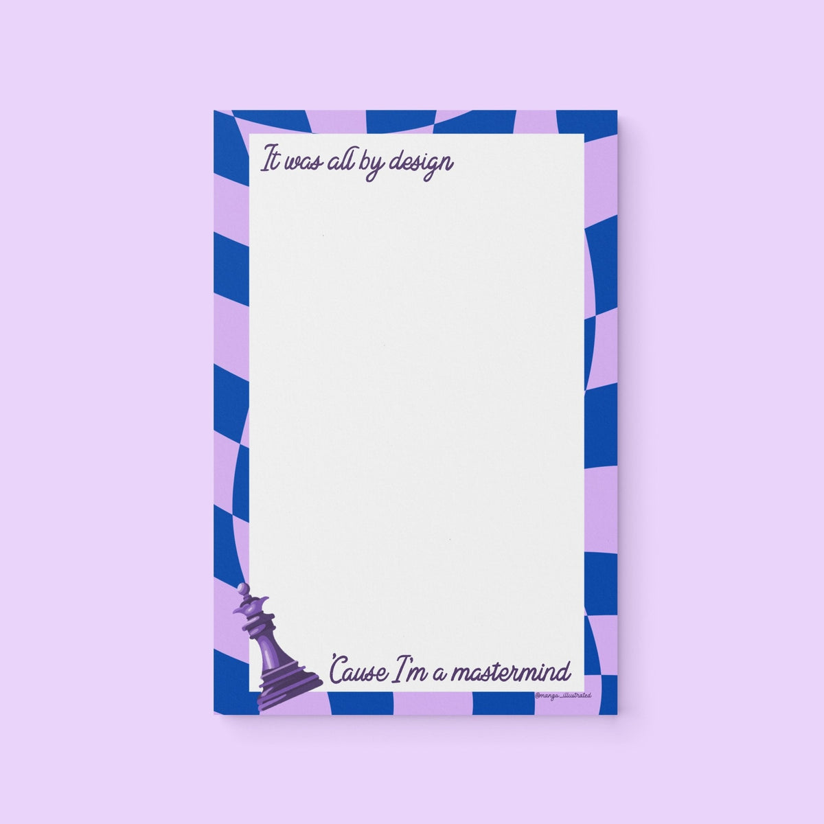 Mastermind notepad — dark purple hand lettered notepad with a queen chess piece and checkerboard border, 5.5x8.5 inches, by MangoIllustrated