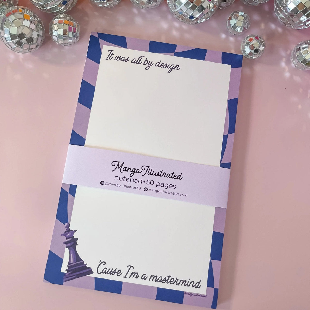 Mastermind notepad flat lay — purple script lettering desk notepad by indie artist MangoIllustrated