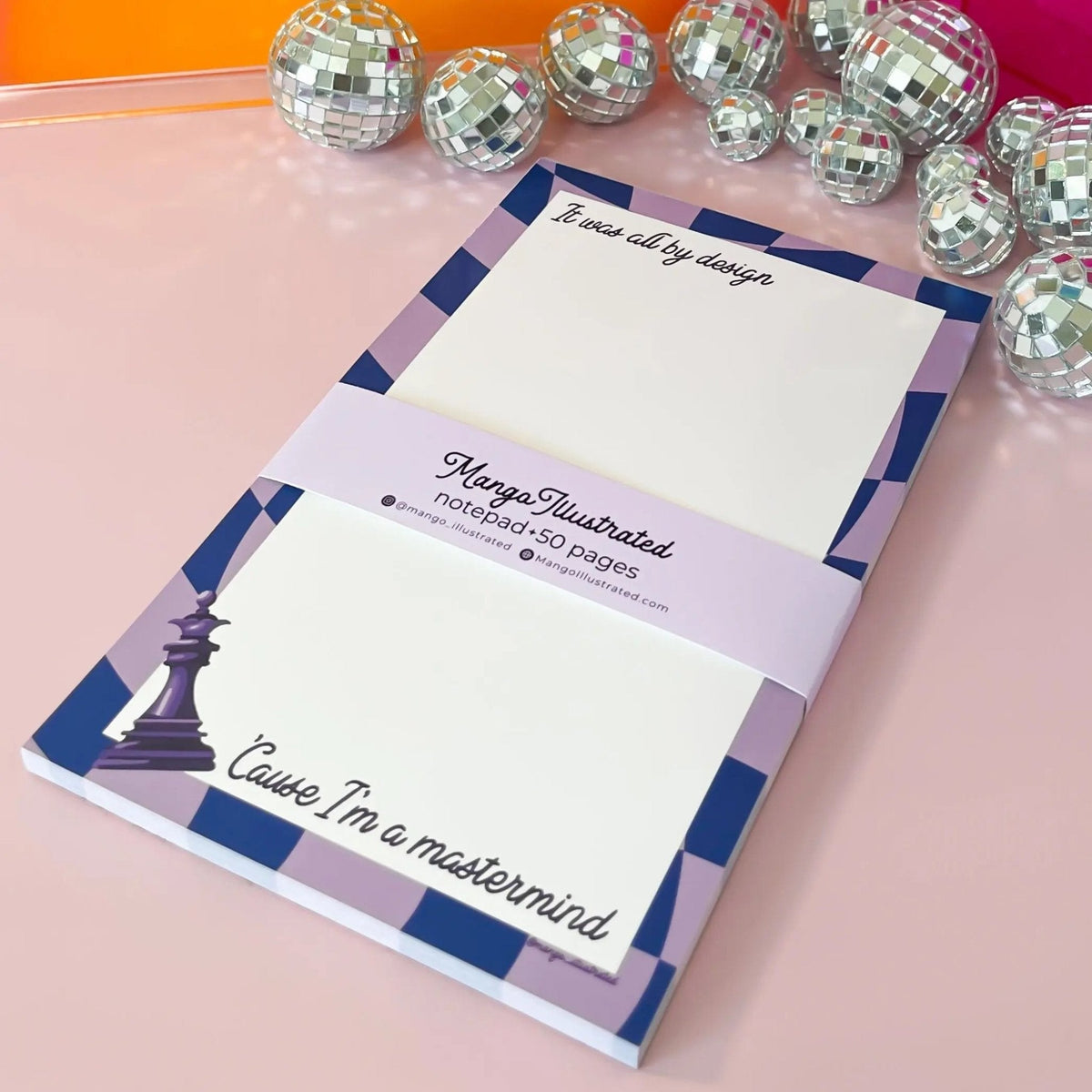 Mastermind notepad flat lay — illustrated desk stationery gift in midnight blue and lavender by indie artist MangoIllustrated