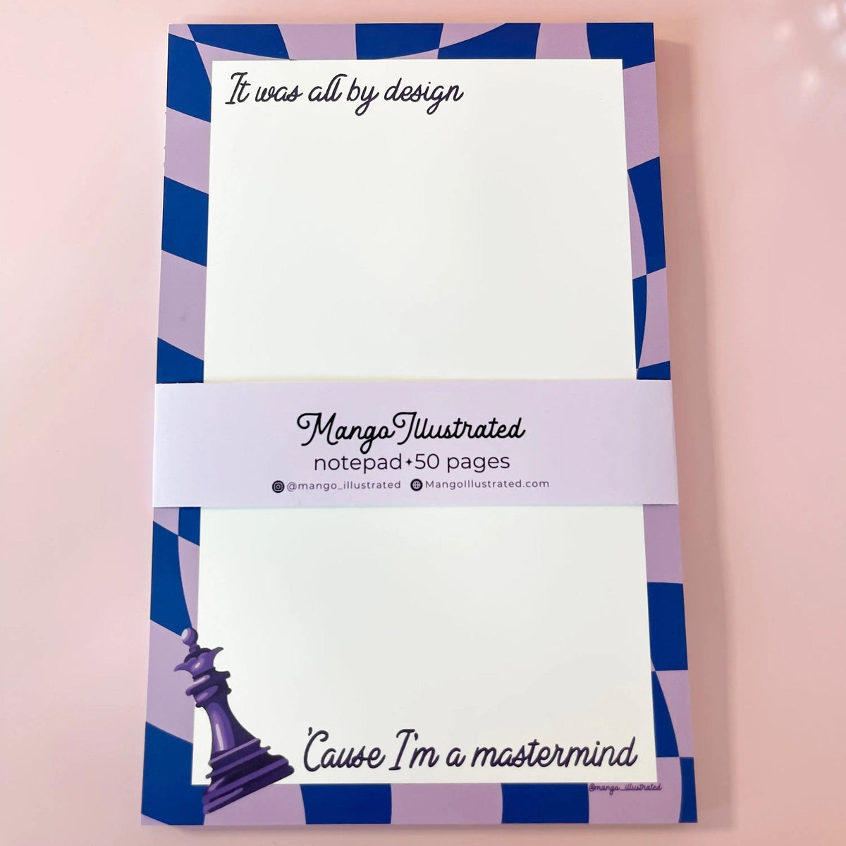 Mastermind notepad flat lay — 5.5 x 8.5 inch gummed to-do list pad styled on a desk by indie artist MangoIllustrated