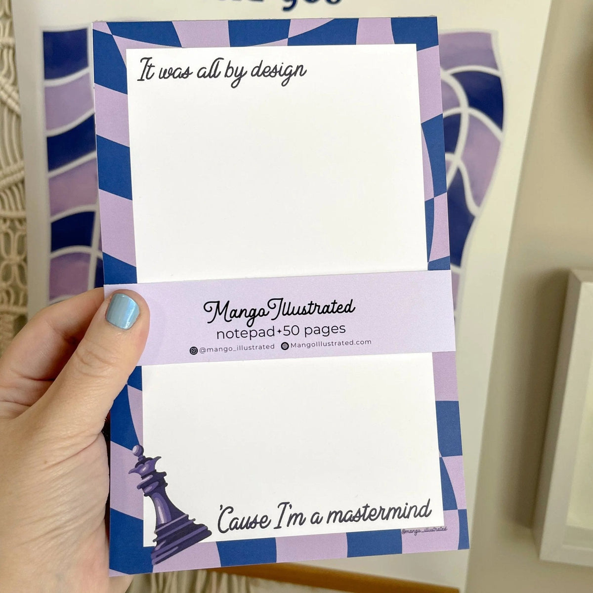 Mastermind notepad detail — warped midnight blue and lavender checkerboard border by indie artist MangoIllustrated