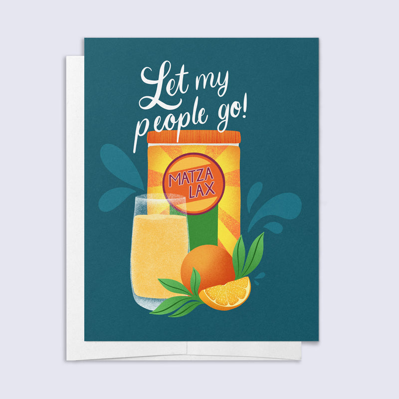 Card with a humorous design of matza lax and orange juice, featuring the text &