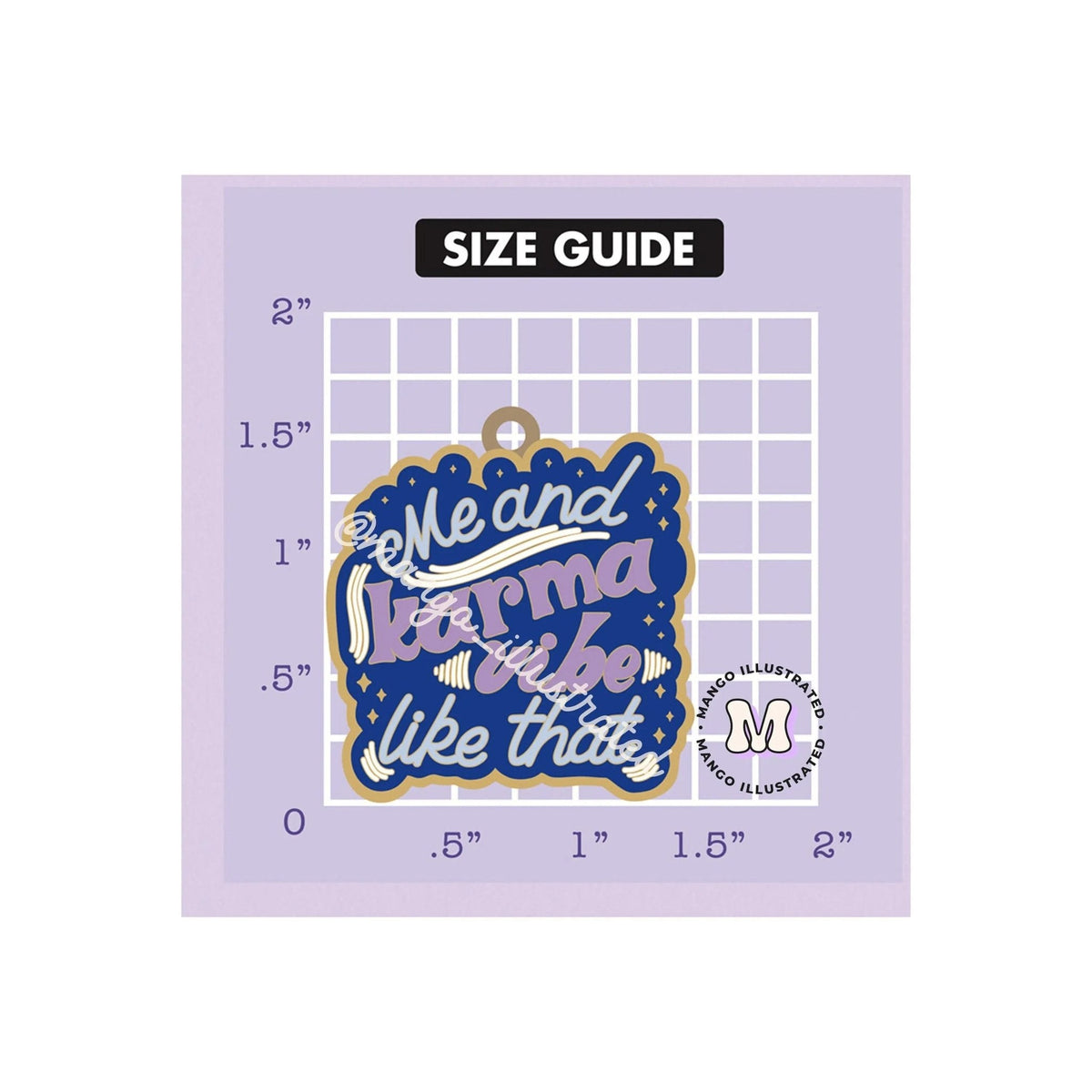 Me and Karma Vibe Like That enamel keychain packaging — gift ready enamel keyring by indie artist MangoIllustrated