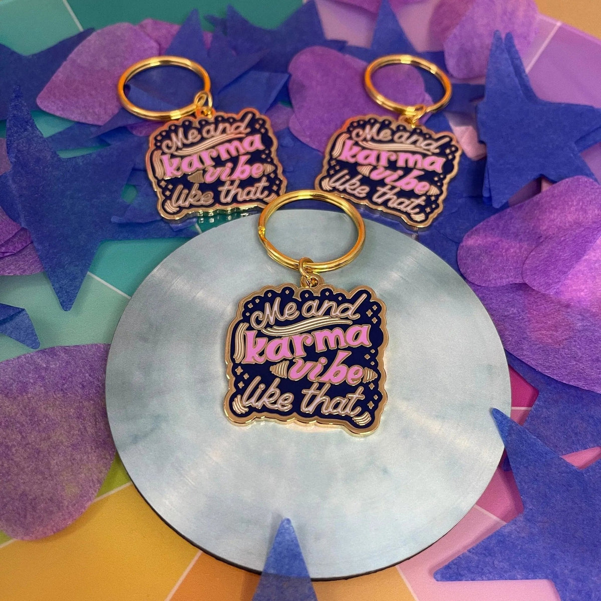 Me and Karma Vibe Like That enamel keychain scale view — 1.5 inch square enamel keychain by indie artist MangoIllustrated