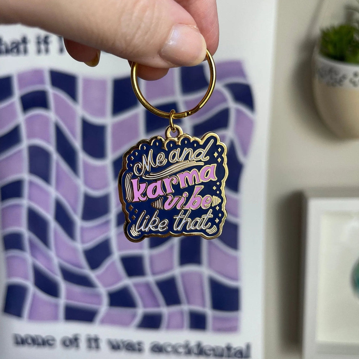 Me and Karma Vibe Like That enamel keychain — hand lettered navy, fuchsia and light blue hard enamel keychain with gold accents, 1.5 in, by MangoIllustrated