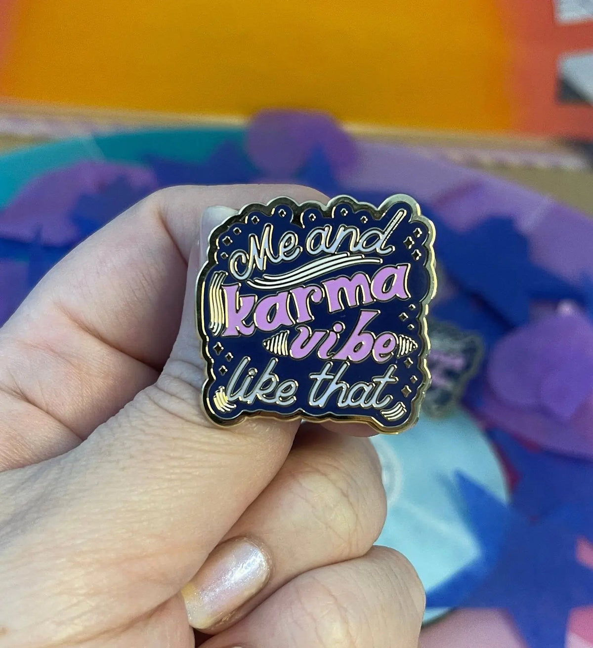 Me and Karma Vibe Like That enamel pin back detail — black rubber clutch backing by indie artist MangoIllustrated