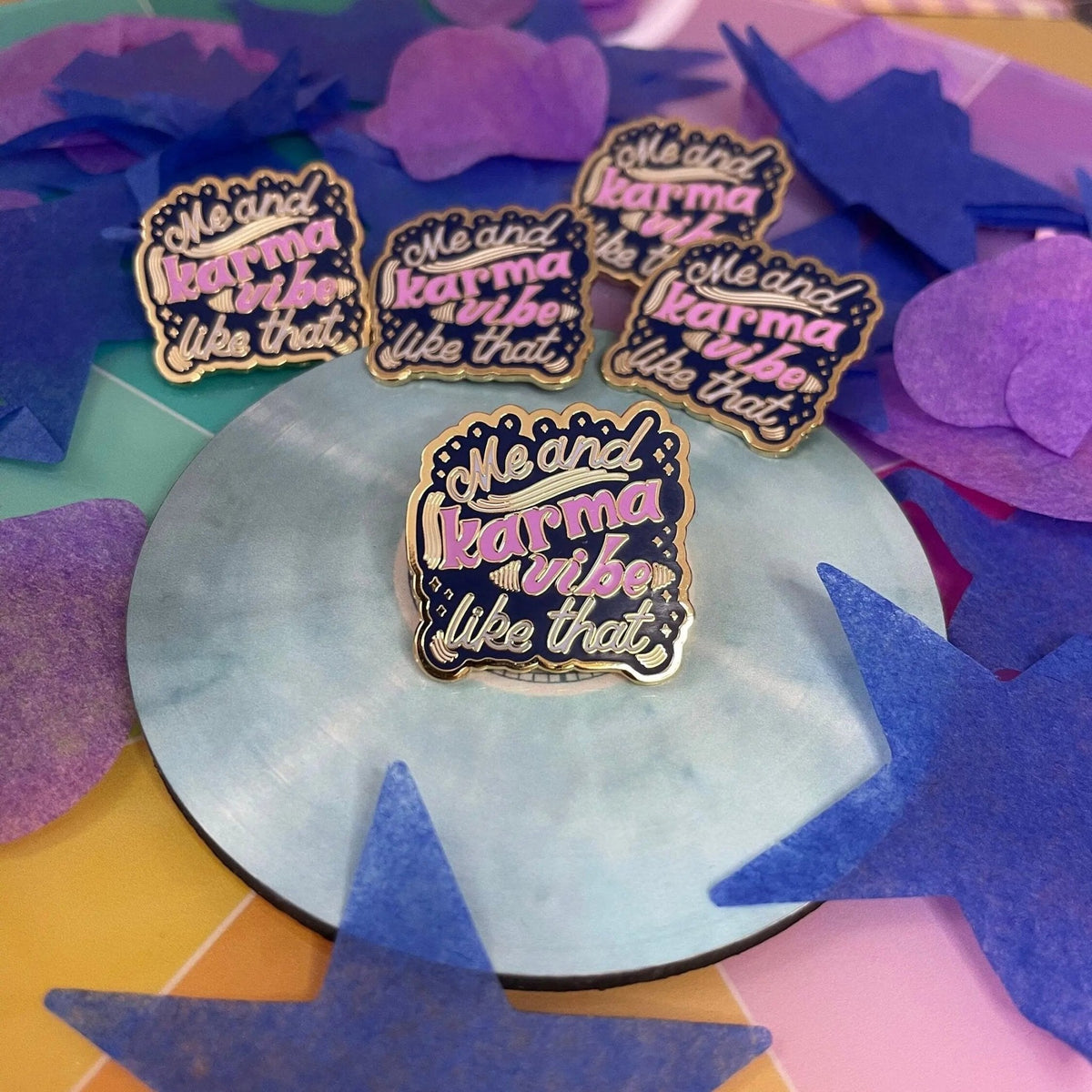 Me and Karma Vibe Like That enamel pin on its backing card — gift ready pin packaging by indie artist MangoIllustrated