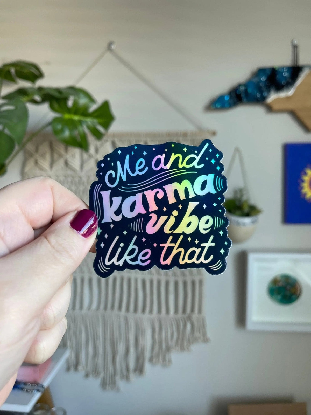 Me and Karma Vibe Like That holographic sticker detail — rainbow shift of the holographic vinyl under the navy lettering by indie artist MangoIllustrated