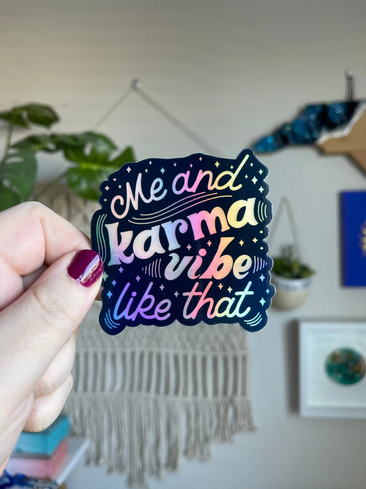 Me and Karma Vibe Like That holographic sticker — navy hand lettering on holographic vinyl with accent details, waterproof vinyl sticker, by MangoIllustrated