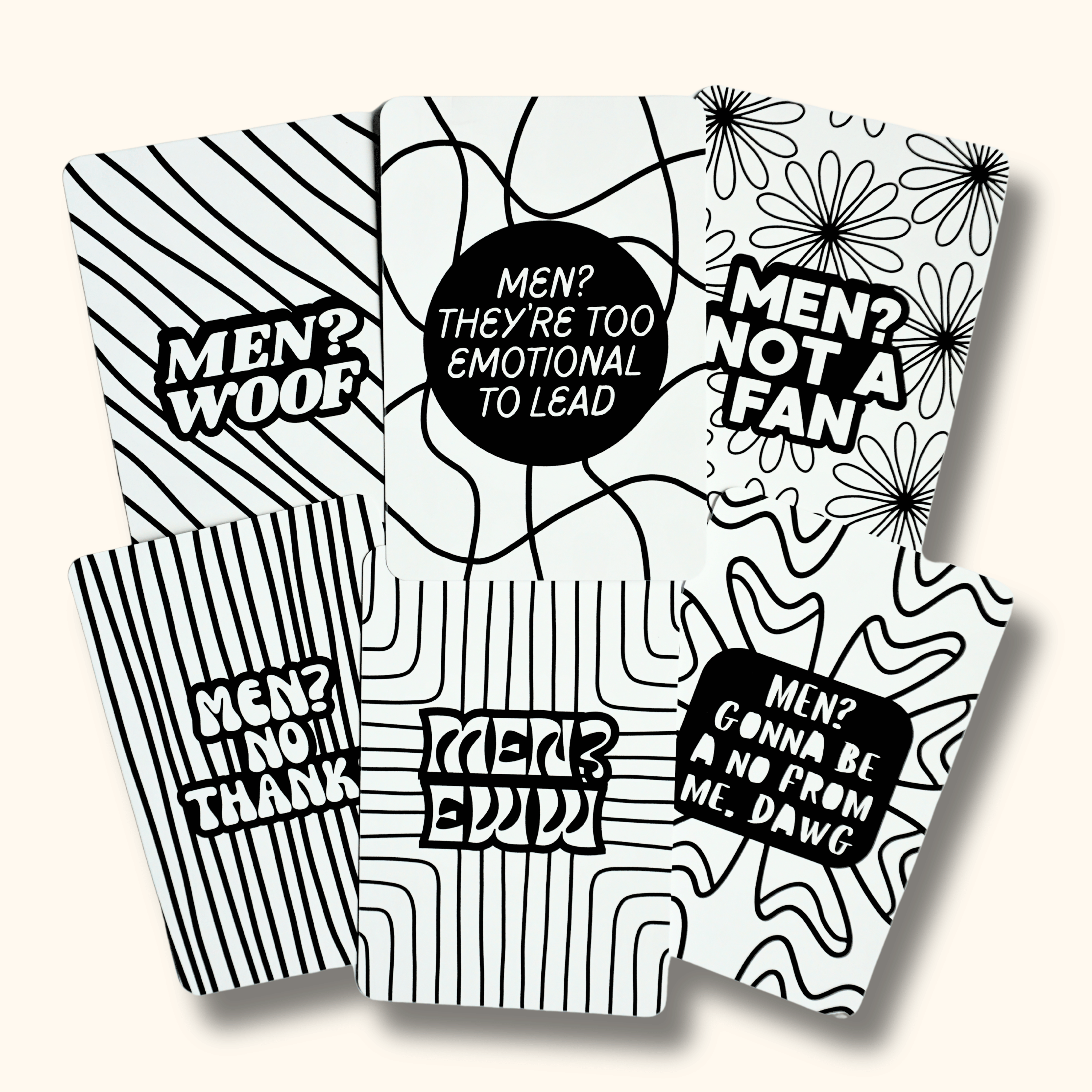 Six uncolored mini coloring pages with bold abstract designs. Each page has a different quote in decorative font. "Men? Woof". "Men? They&