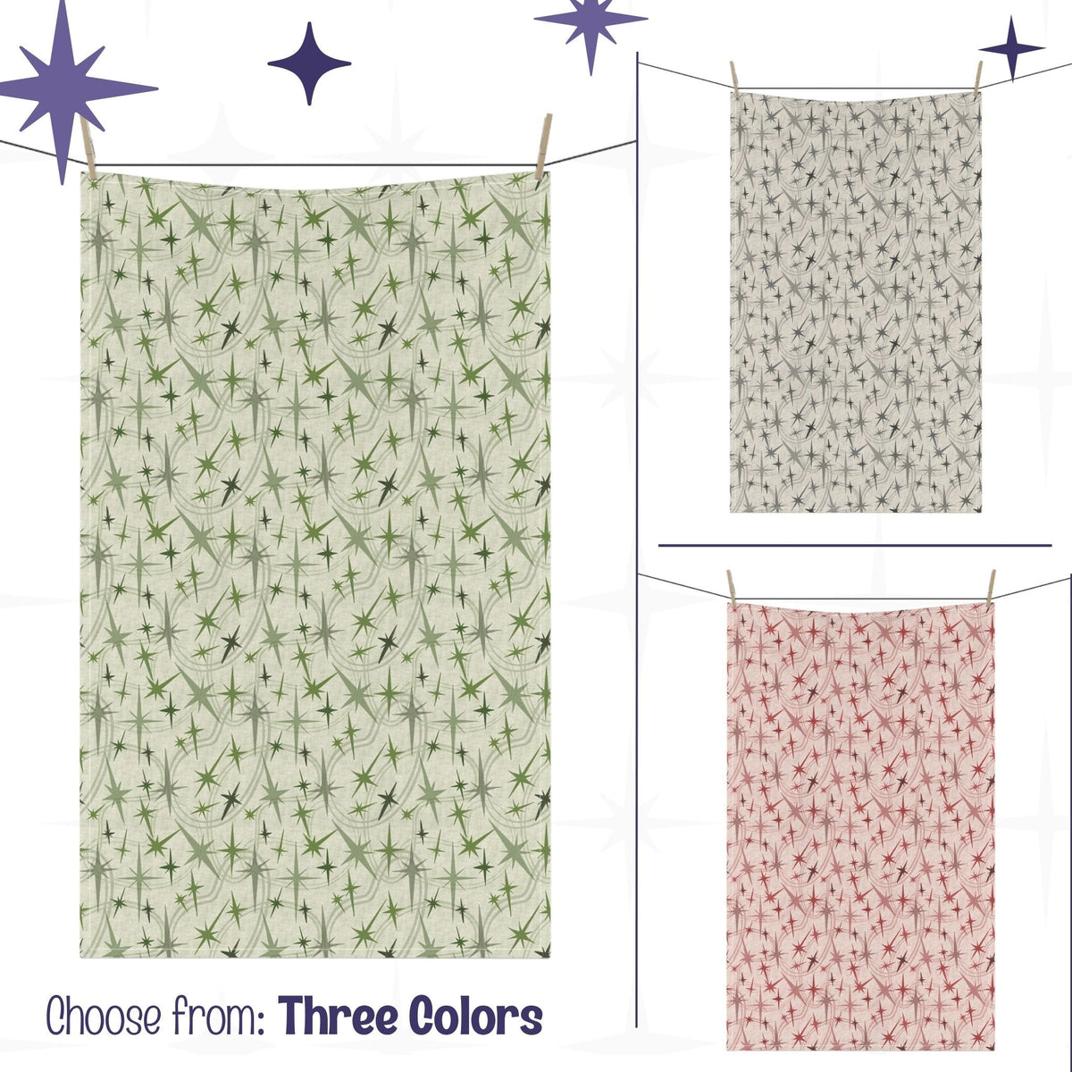 Three mid century modern tea towels hanging on close line showing all three colorways — sage green, warm gray, and dusty rose-pink — each printed with an original atomic starburst repeat pattern on a cream cotton twill background