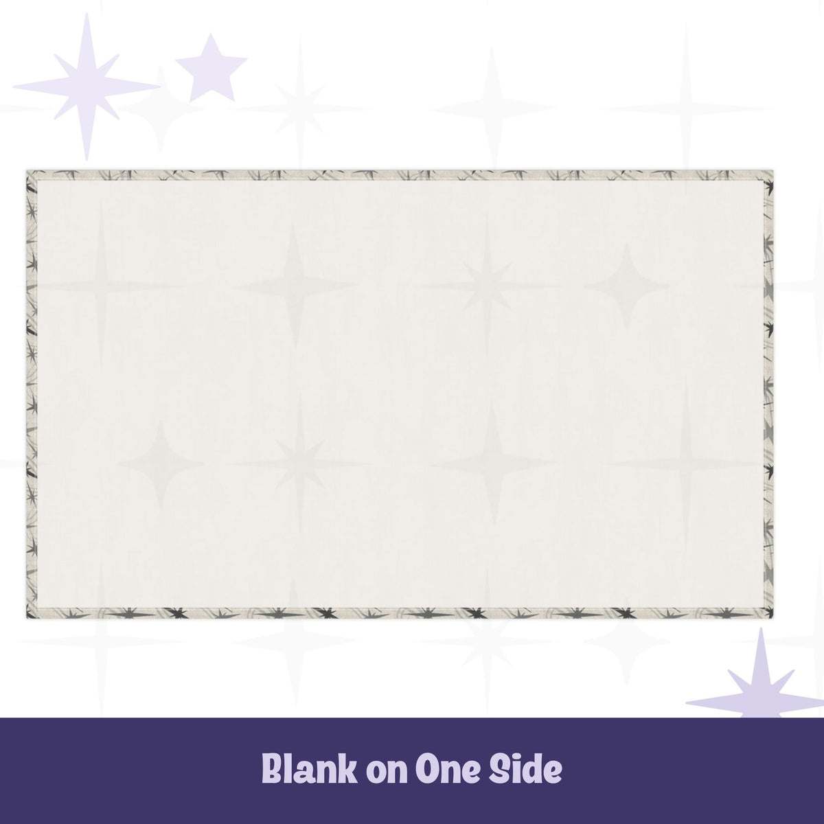 Reverse side of mid century modern tea towel showing clean white blank cotton twill backing with starburst pattern visible on the hemmed border edges