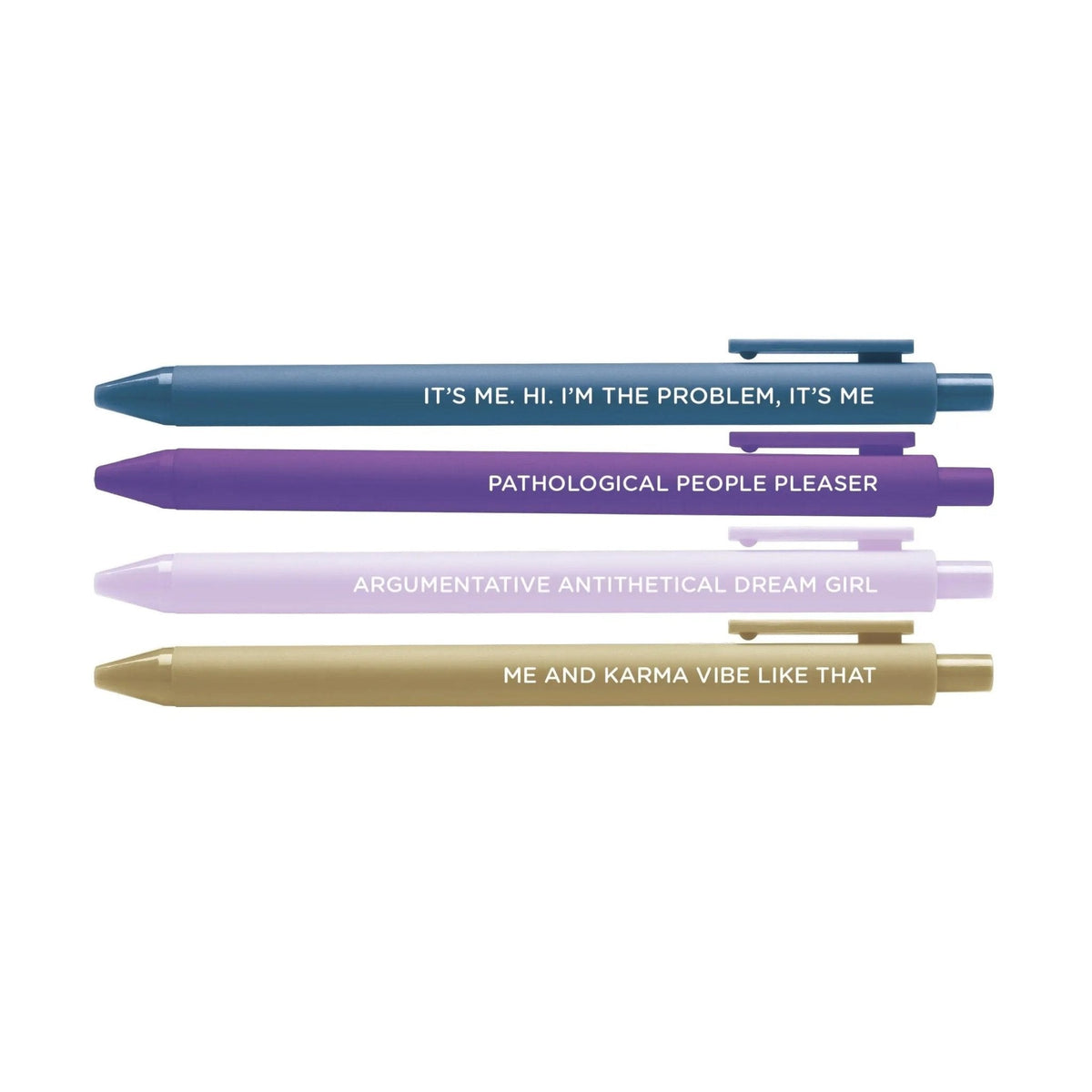 Midnight Musings Pen Set detail — gold and navy jotter gel pens with black gel ink by indie artist MangoIllustrated