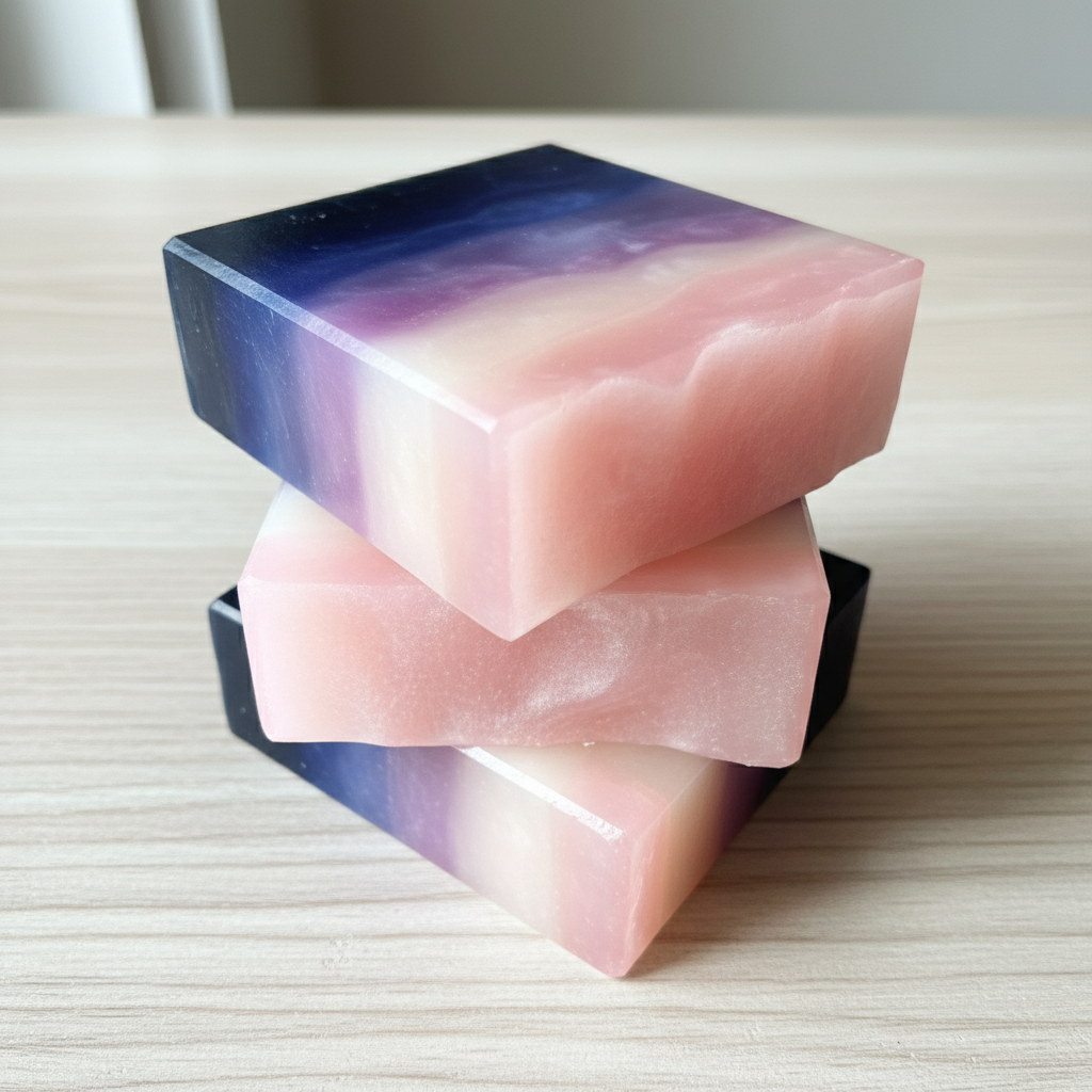 stack of 3 purple and pink soaps on a wooden surface