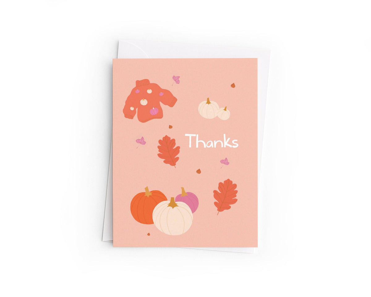 Hand-Drawn Fall Thank You Card | Pumpkin, Sweater, Leaves