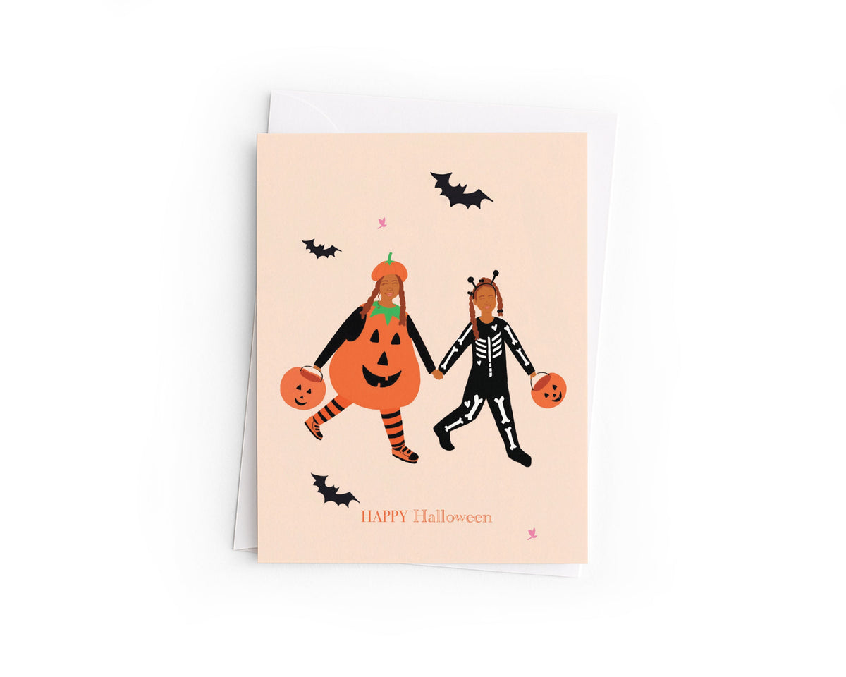 Hand-Drawn Halloween Trick-or-Treat Card | Girls in Costumes